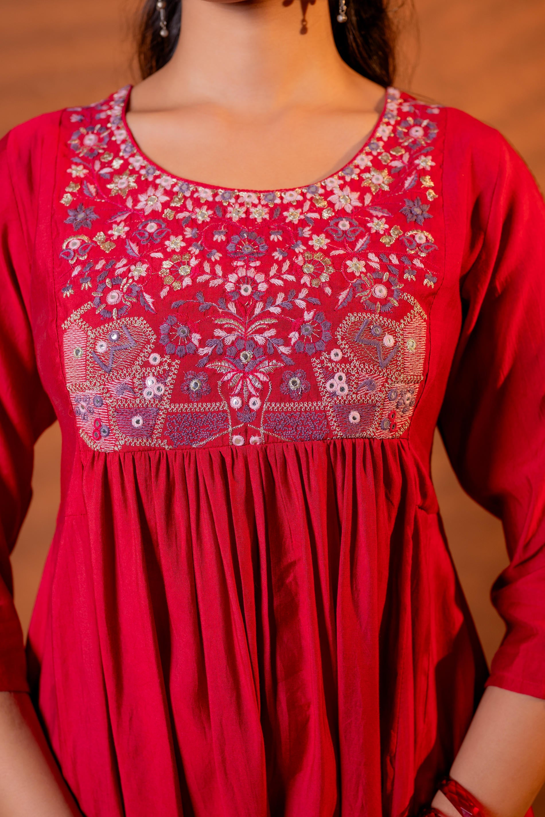 Maroon, Ajrakh-Inspired Printed Kurta Set with Embroidered Yoke & Matching Dupatta