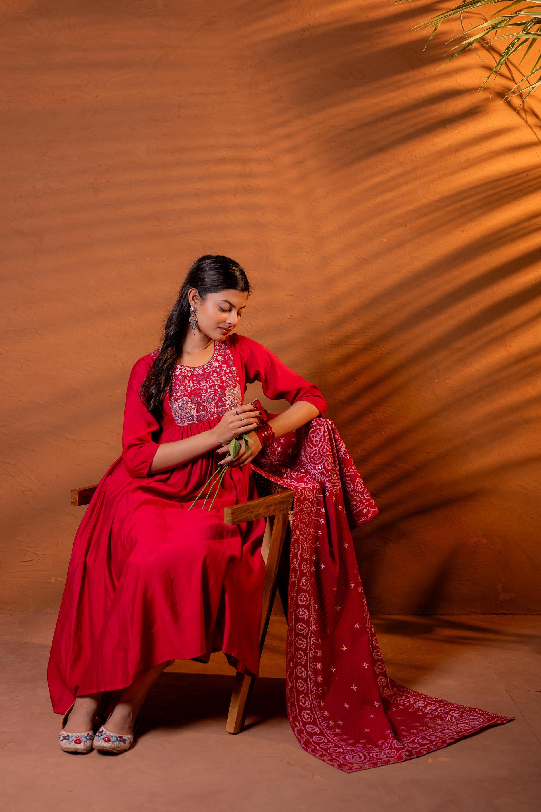 Maroon, Ajrakh-Inspired Printed Kurta Set with Embroidered Yoke & Matching Dupatta