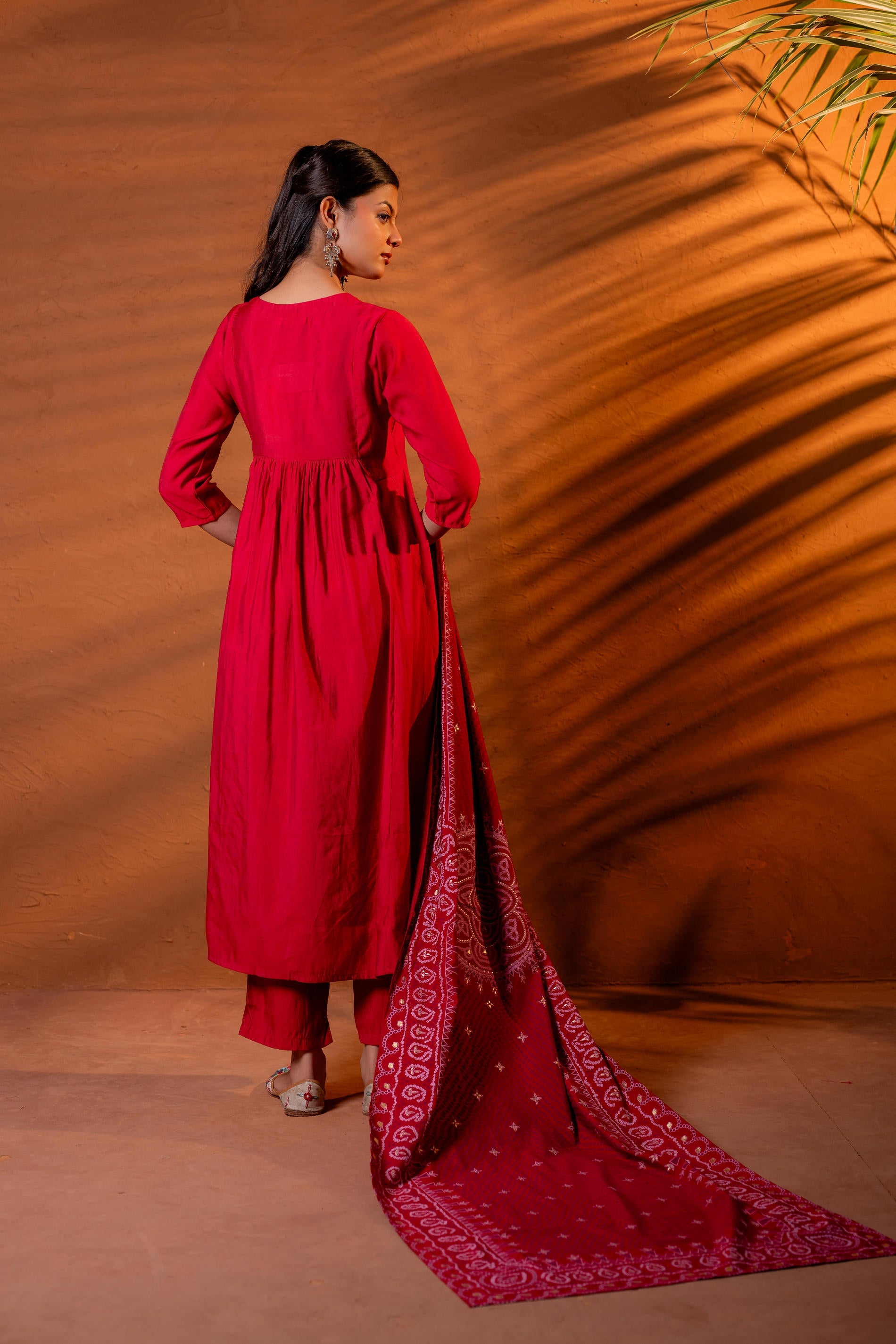 Maroon, Ajrakh-Inspired Printed Kurta Set with Embroidered Yoke & Matching Dupatta