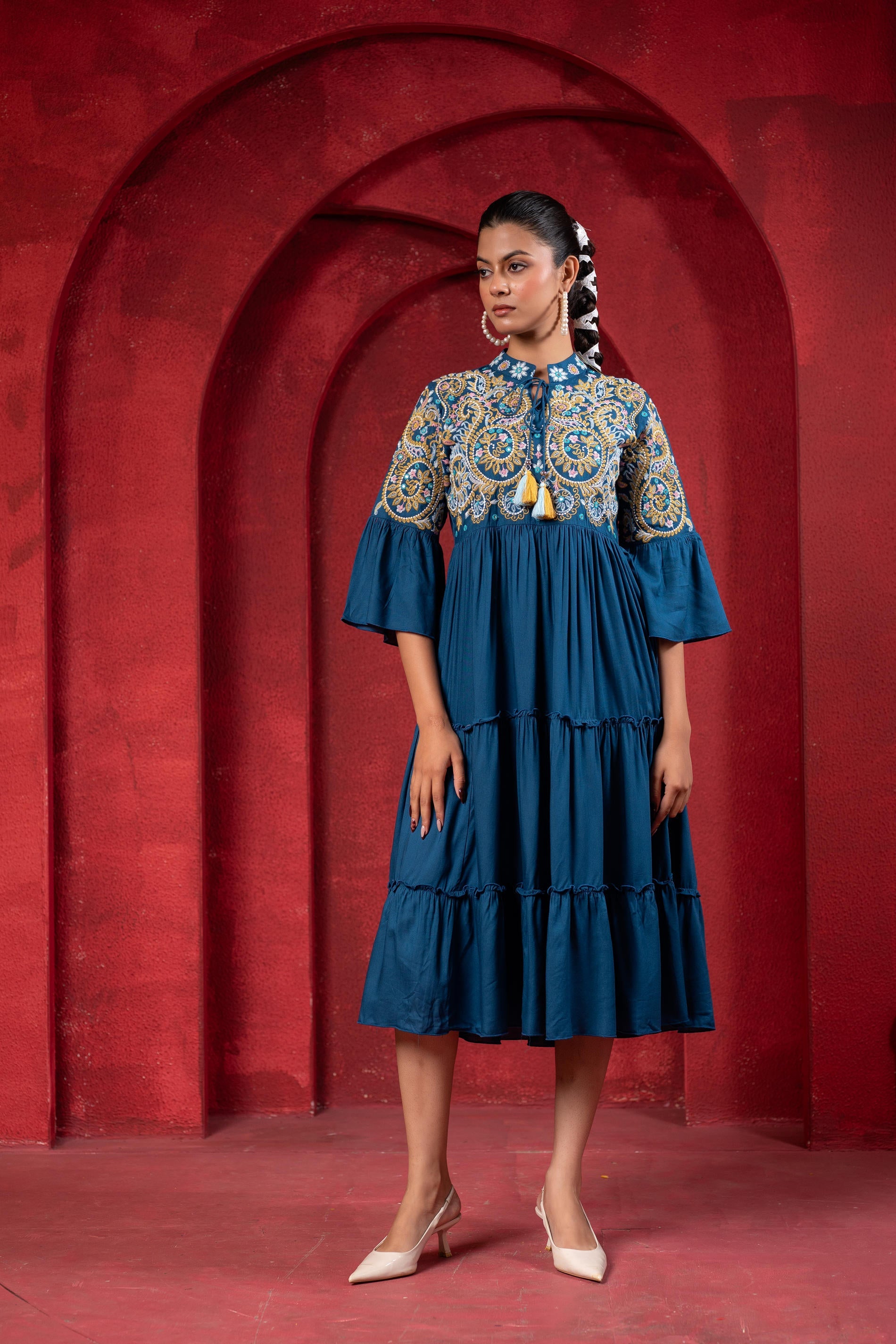 Indigo Tiered Dress with Multicolor Embroidered Yoke and Tassel Tie-Up