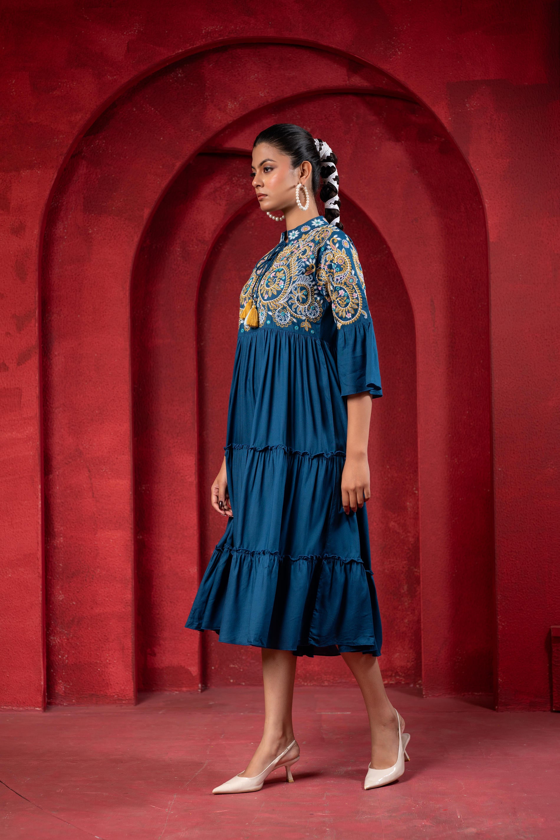 Indigo Tiered Dress with Multicolor Embroidered Yoke and Tassel Tie-Up