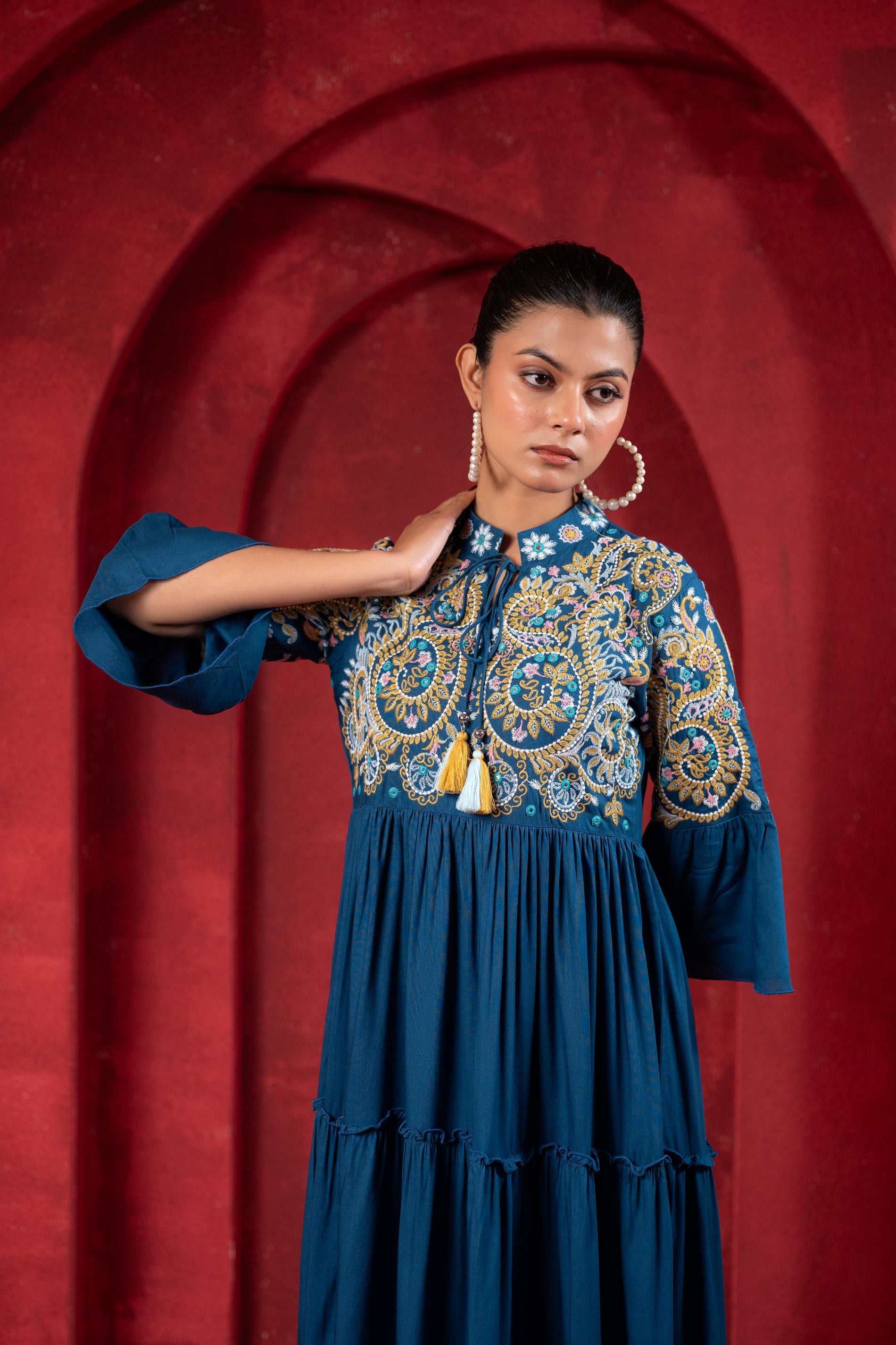 Indigo Tiered Dress with Multicolor Embroidered Yoke and Tassel Tie-Up