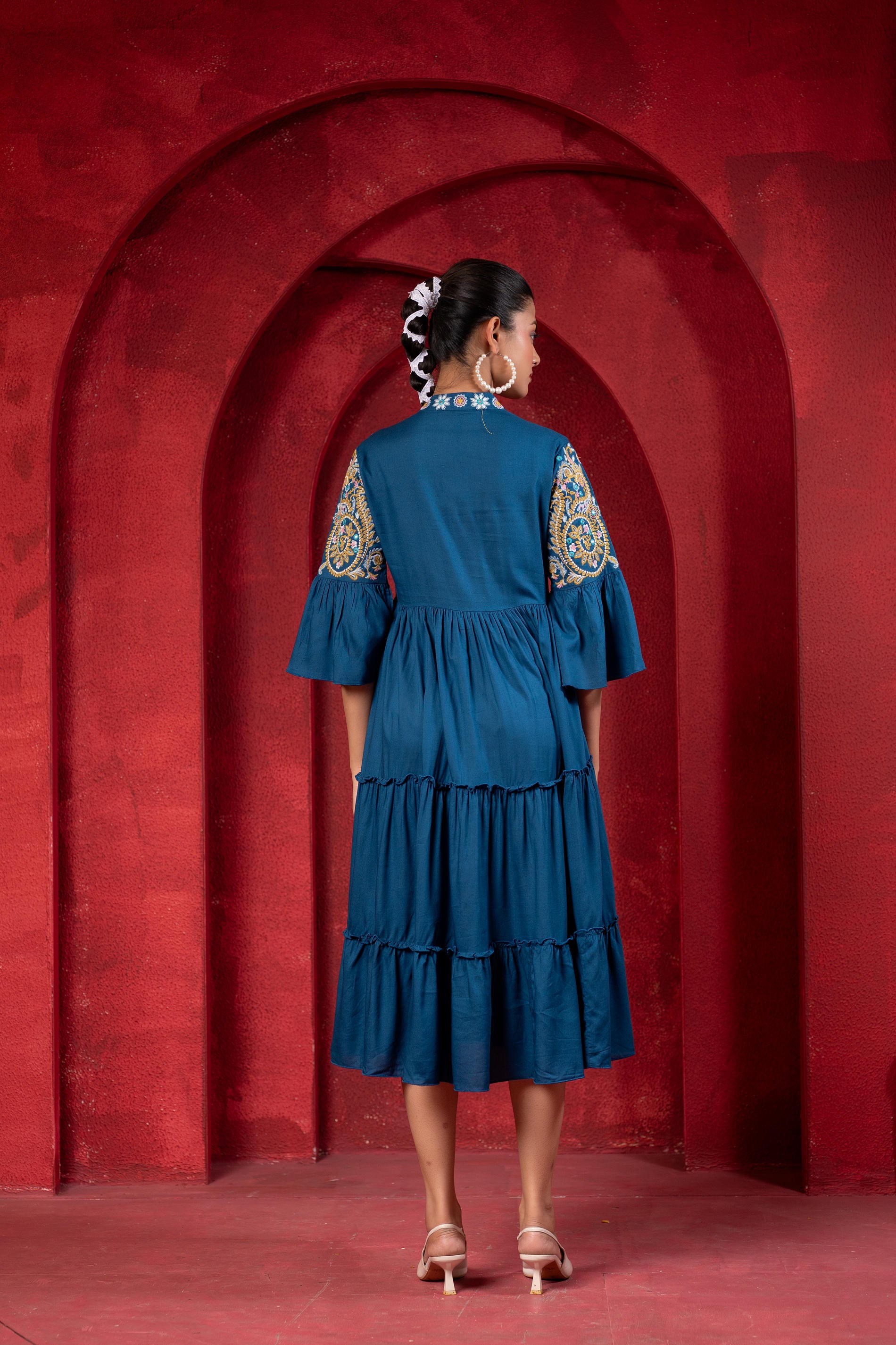 Indigo Tiered Dress with Multicolor Embroidered Yoke and Tassel Tie-Up