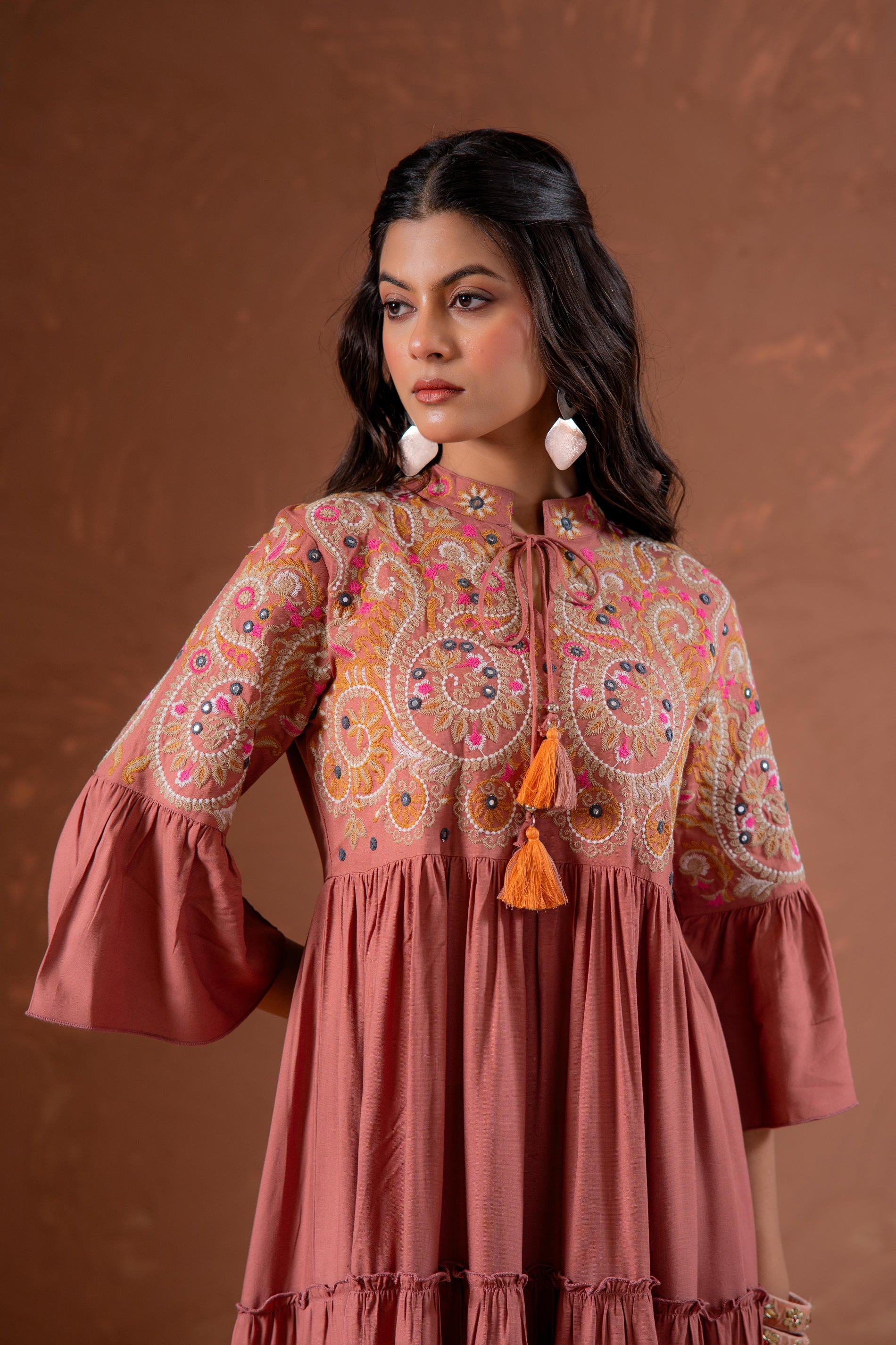 Rust Tiered Dress with Multicolor Embroidered Yoke and Tassel Tie-Up
