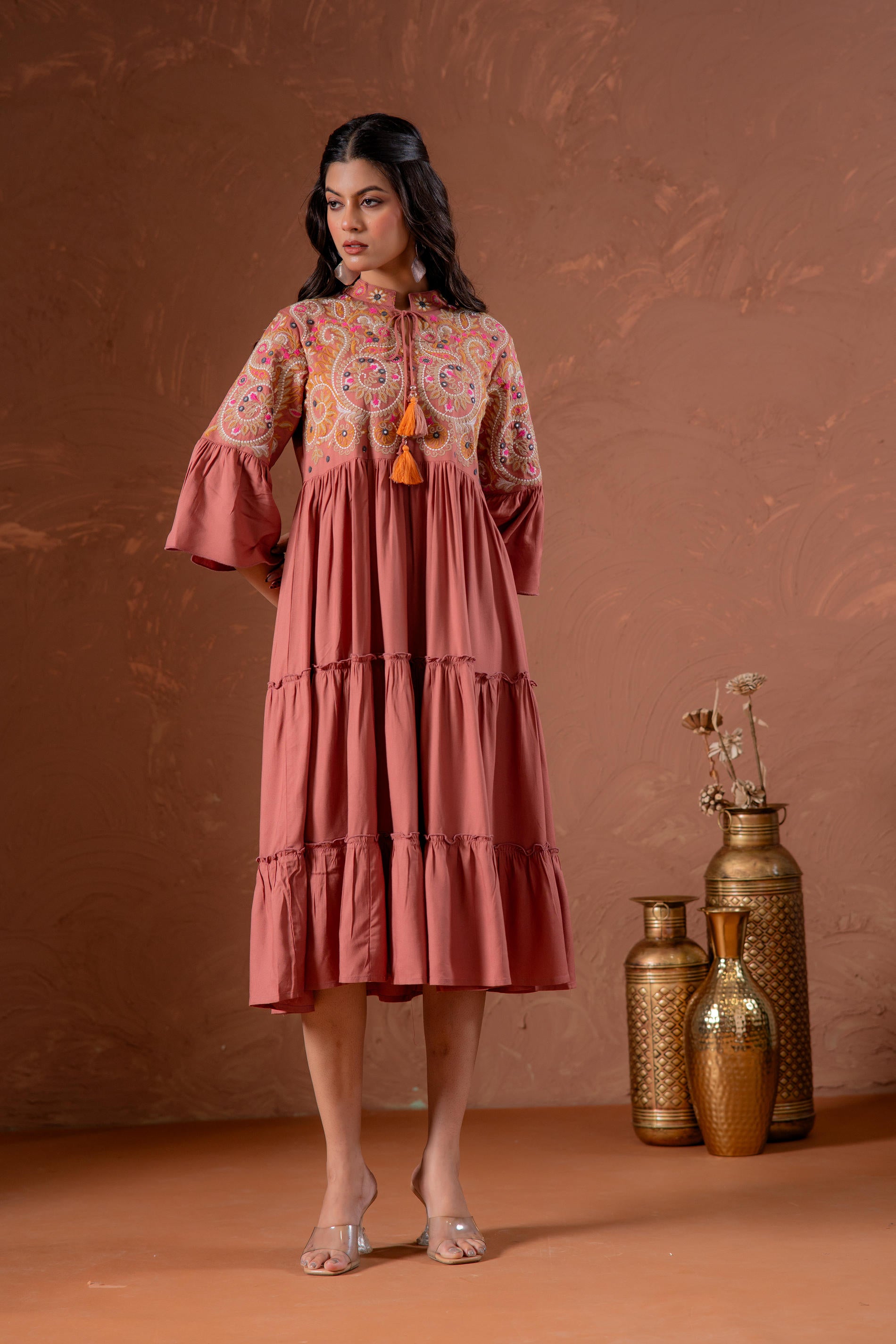 Rust Tiered Dress with Multicolor Embroidered Yoke and Tassel Tie-Up
