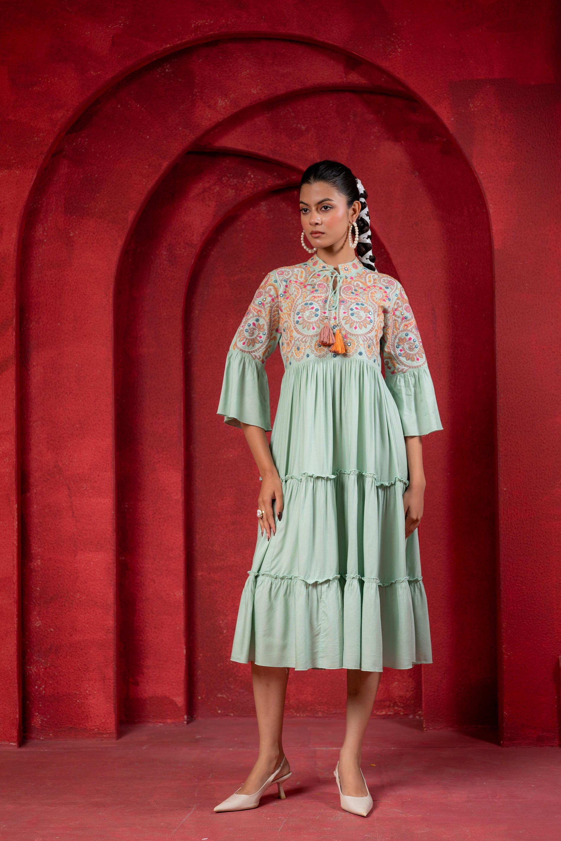 Sage Green Tiered Dress with Multicolor Embroidered Yoke and Tassel Tie-Up