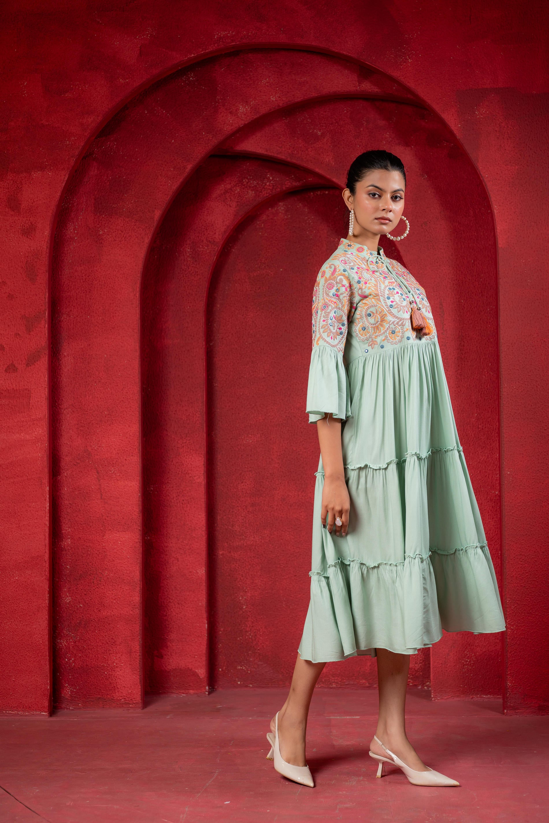 Sage Green Tiered Dress with Multicolor Embroidered Yoke and Tassel Tie-Up