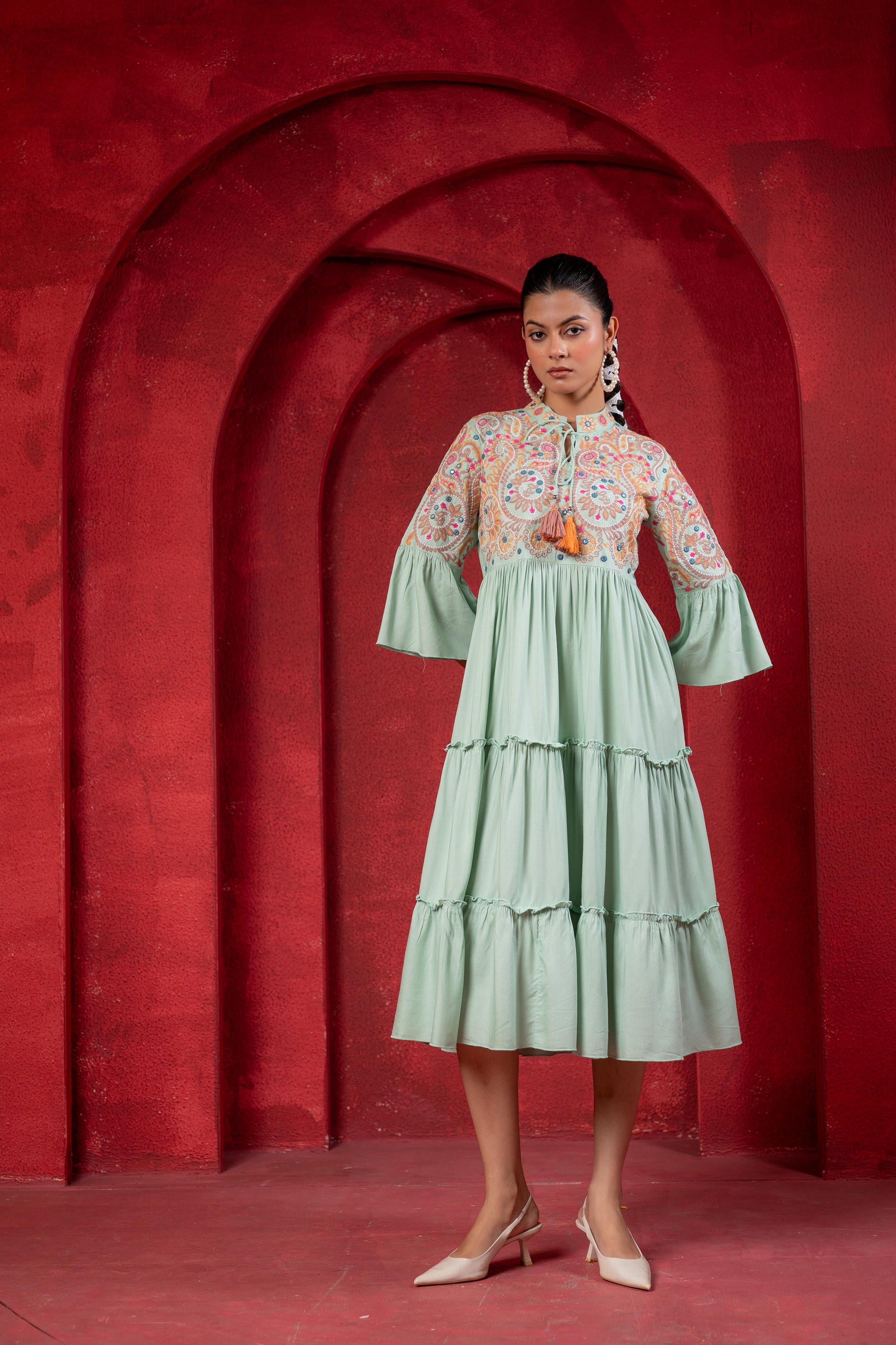 Sage Green Tiered Dress with Multicolor Embroidered Yoke and Tassel Tie-Up