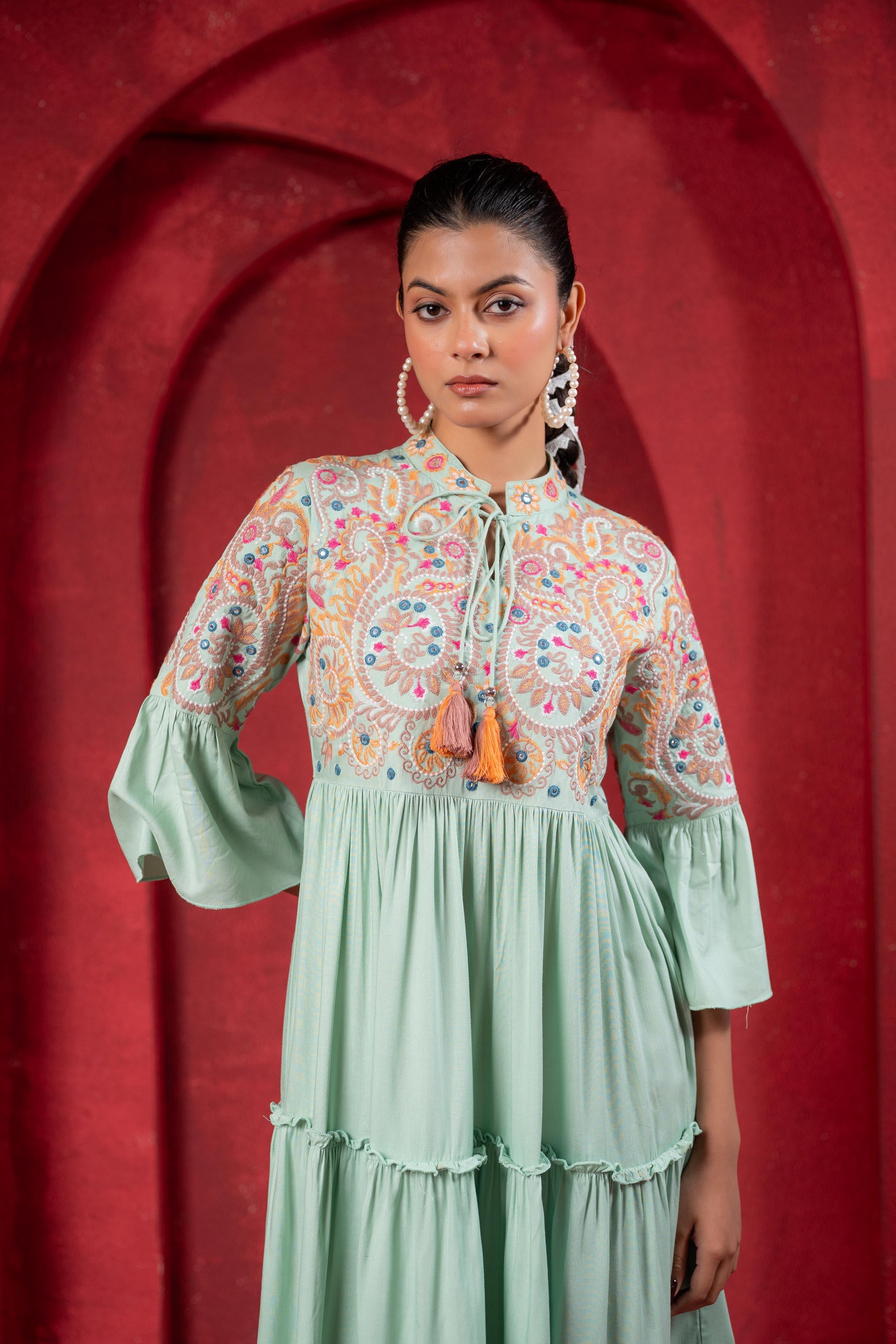 Sage Green Tiered Dress with Multicolor Embroidered Yoke and Tassel Tie-Up
