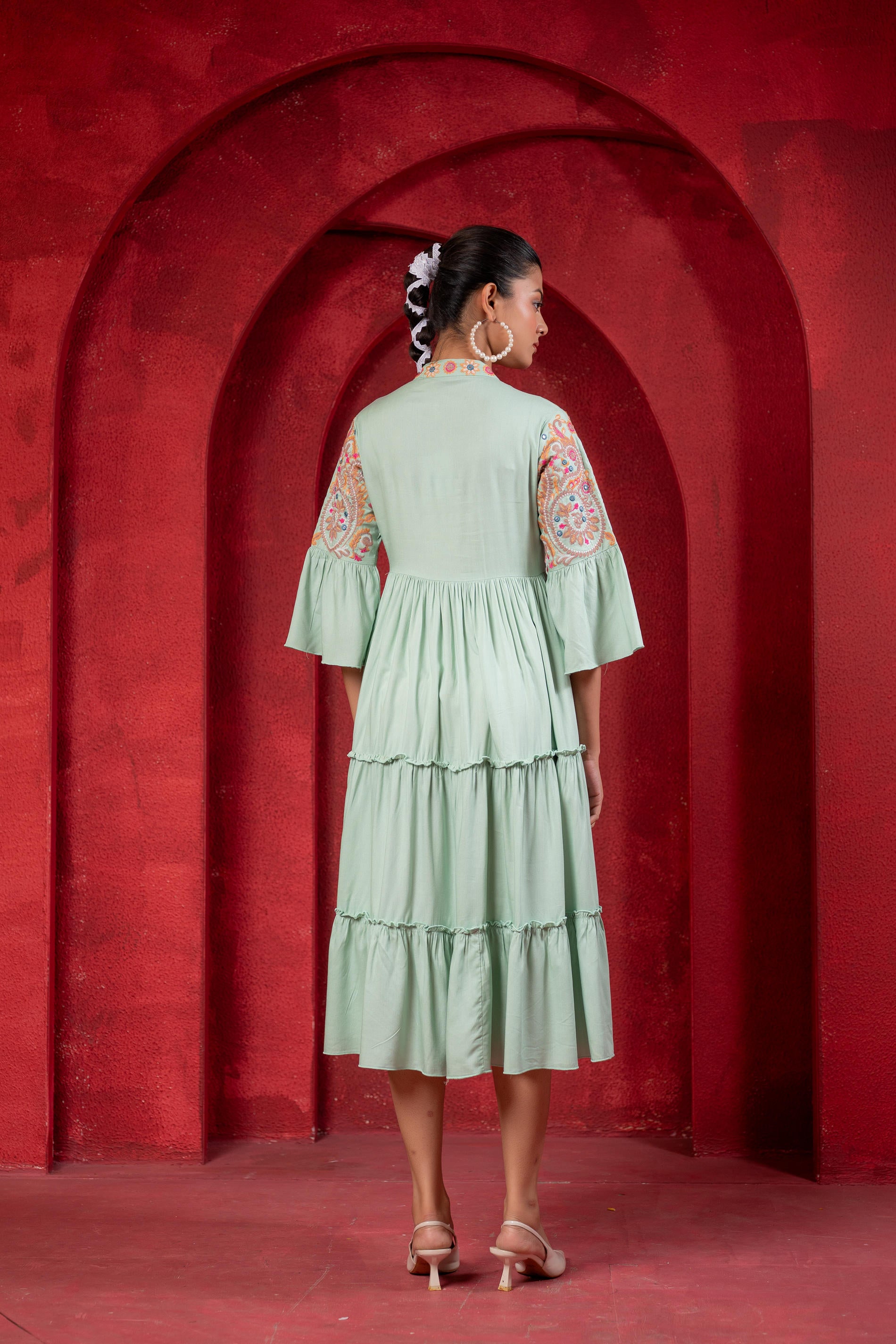 Sage Green Tiered Dress with Multicolor Embroidered Yoke and Tassel Tie-Up