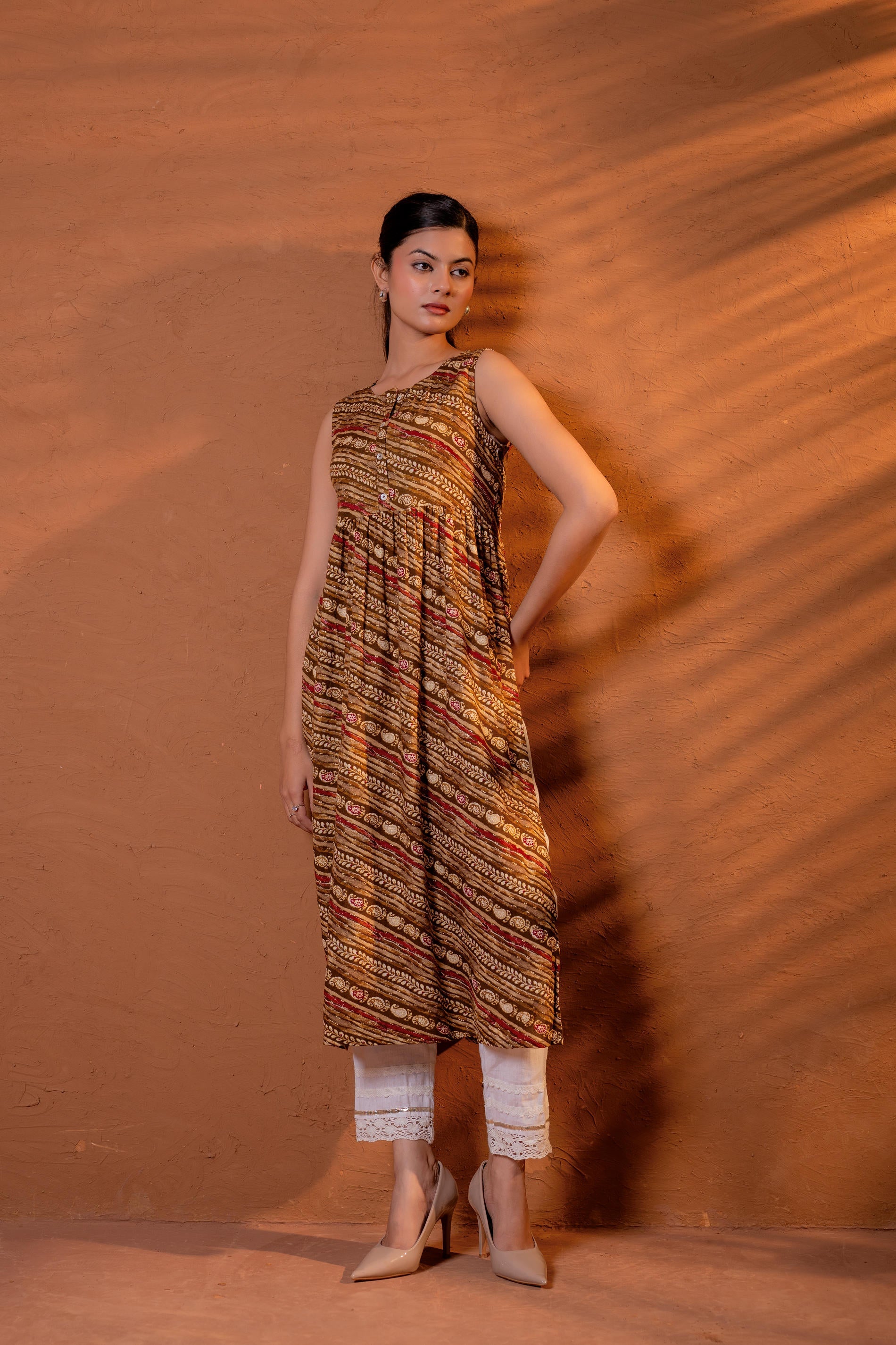 Rust Tribal Wave Printed Sleeveless Flared Kurta