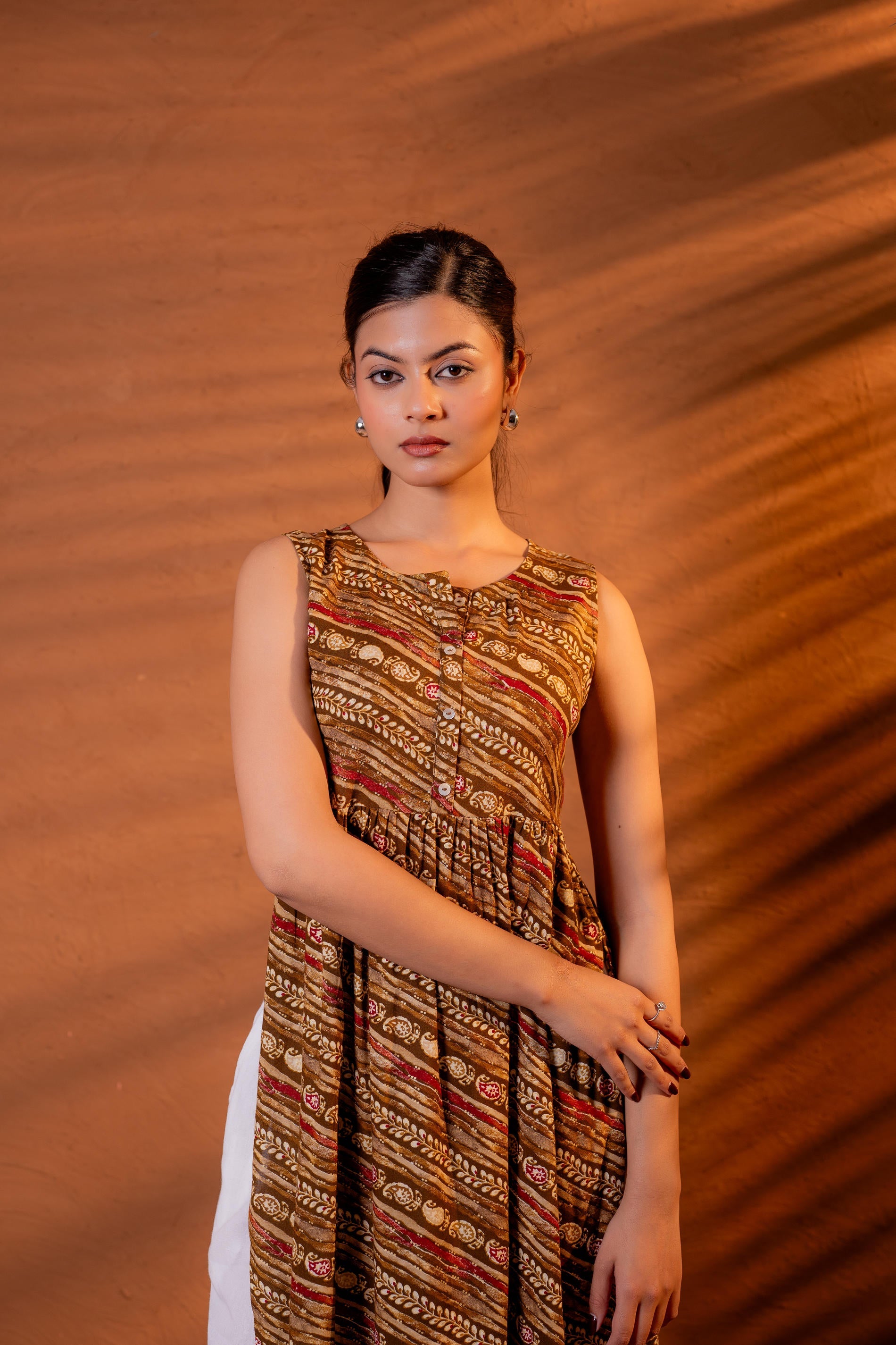 Rust Tribal Wave Printed Sleeveless Flared Kurta