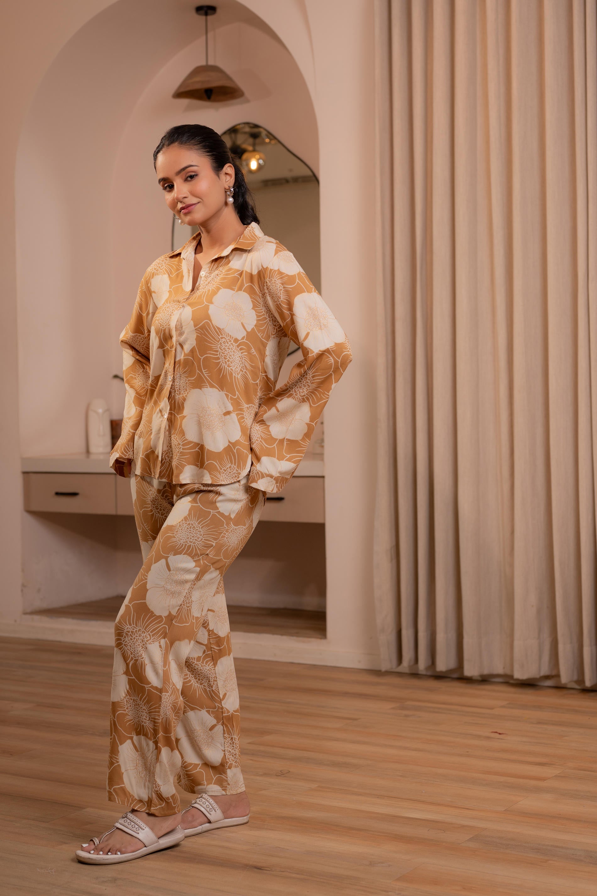 Women's Brown Floral Printed Co-ord Set with Button Details