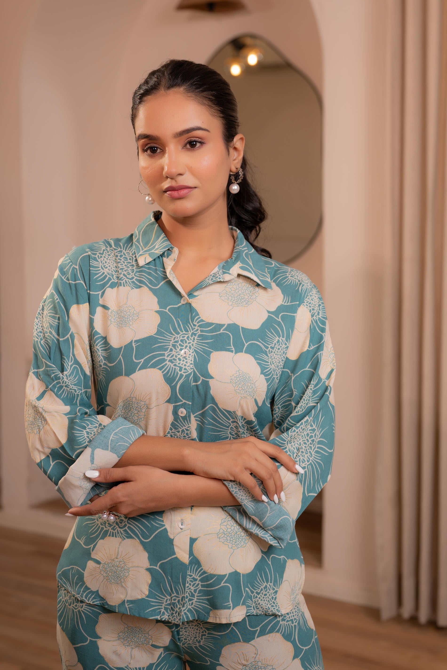 Women's Mint Floral Printed Co-ord Set with Button Details