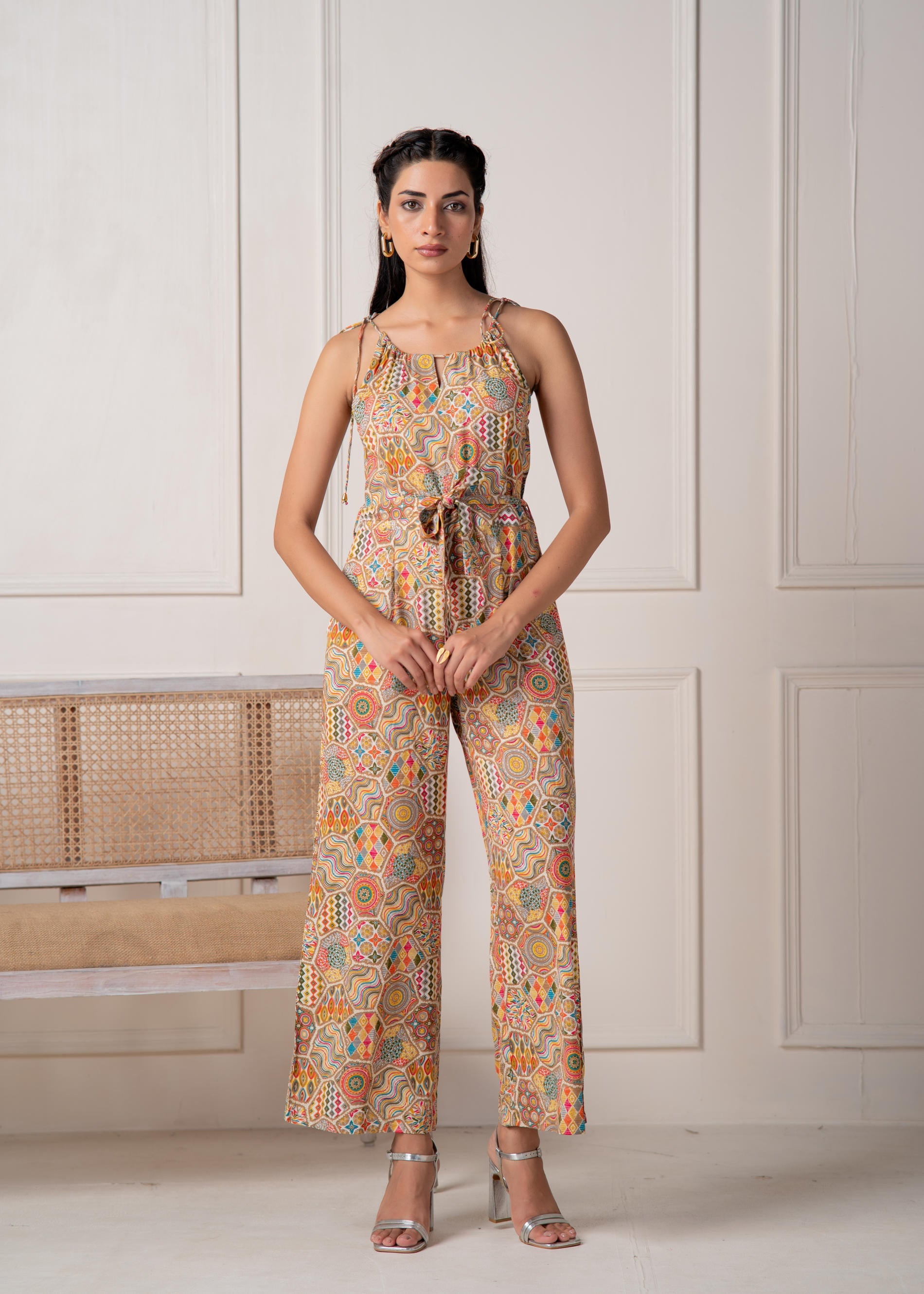 Multi Printed Abstract Viscose Jumpsuit with Belt