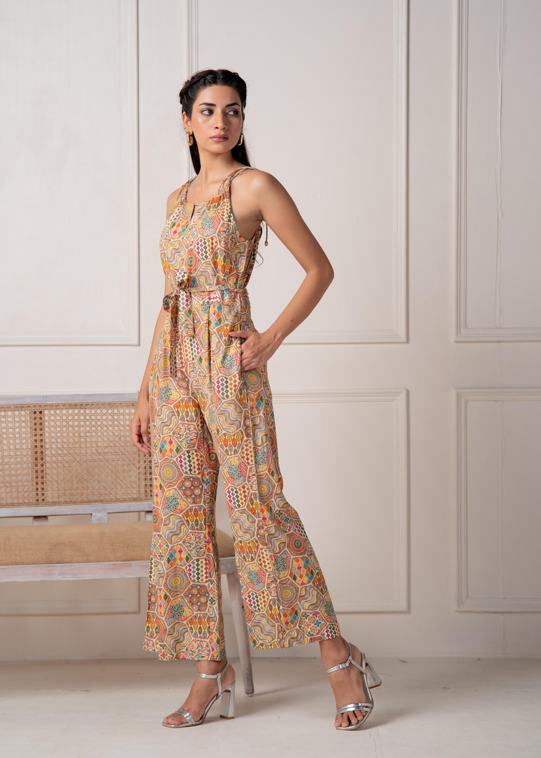 Multi Printed Abstract Viscose Jumpsuit with Belt
