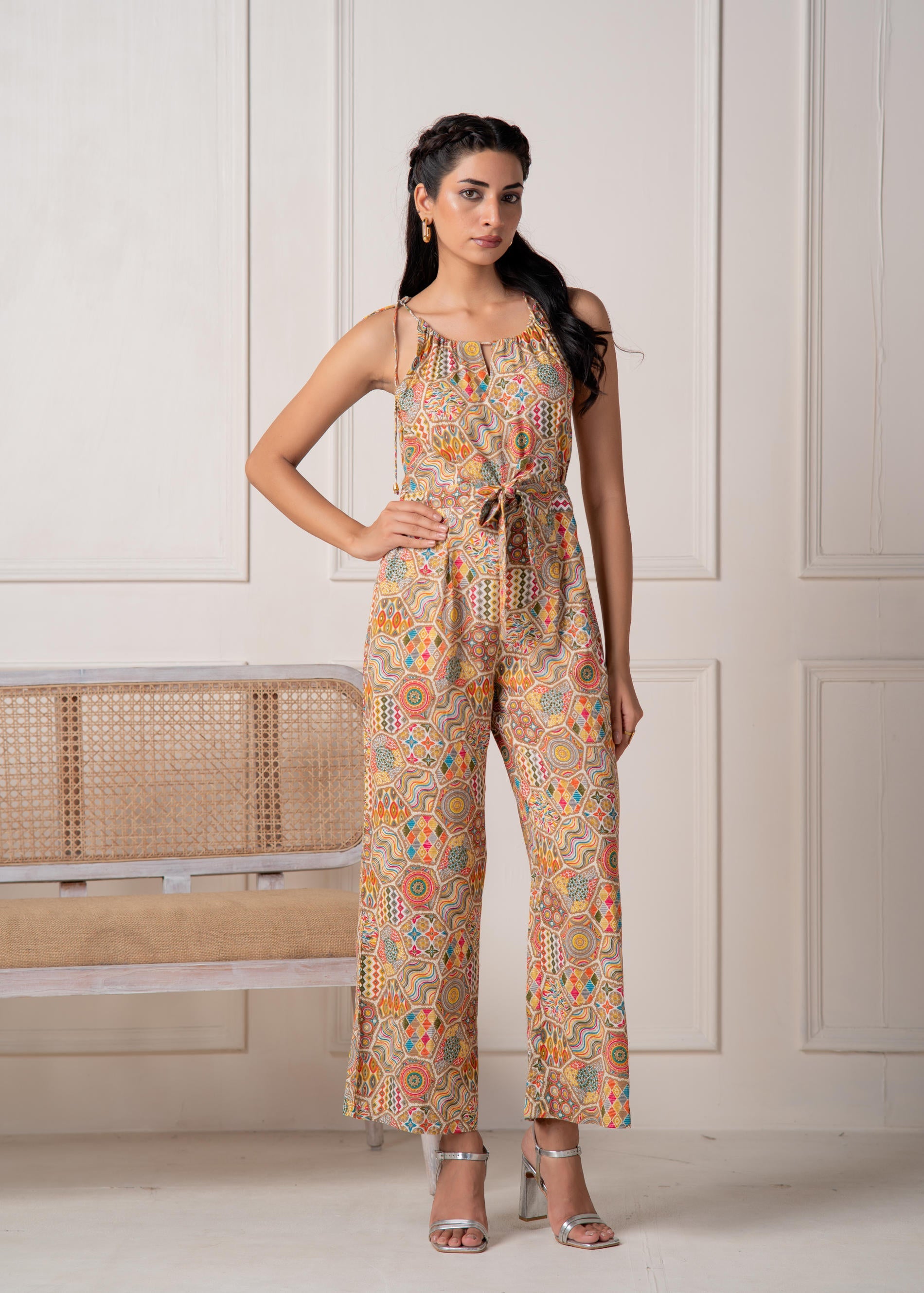 Multi Printed Abstract Viscose Jumpsuit with Belt