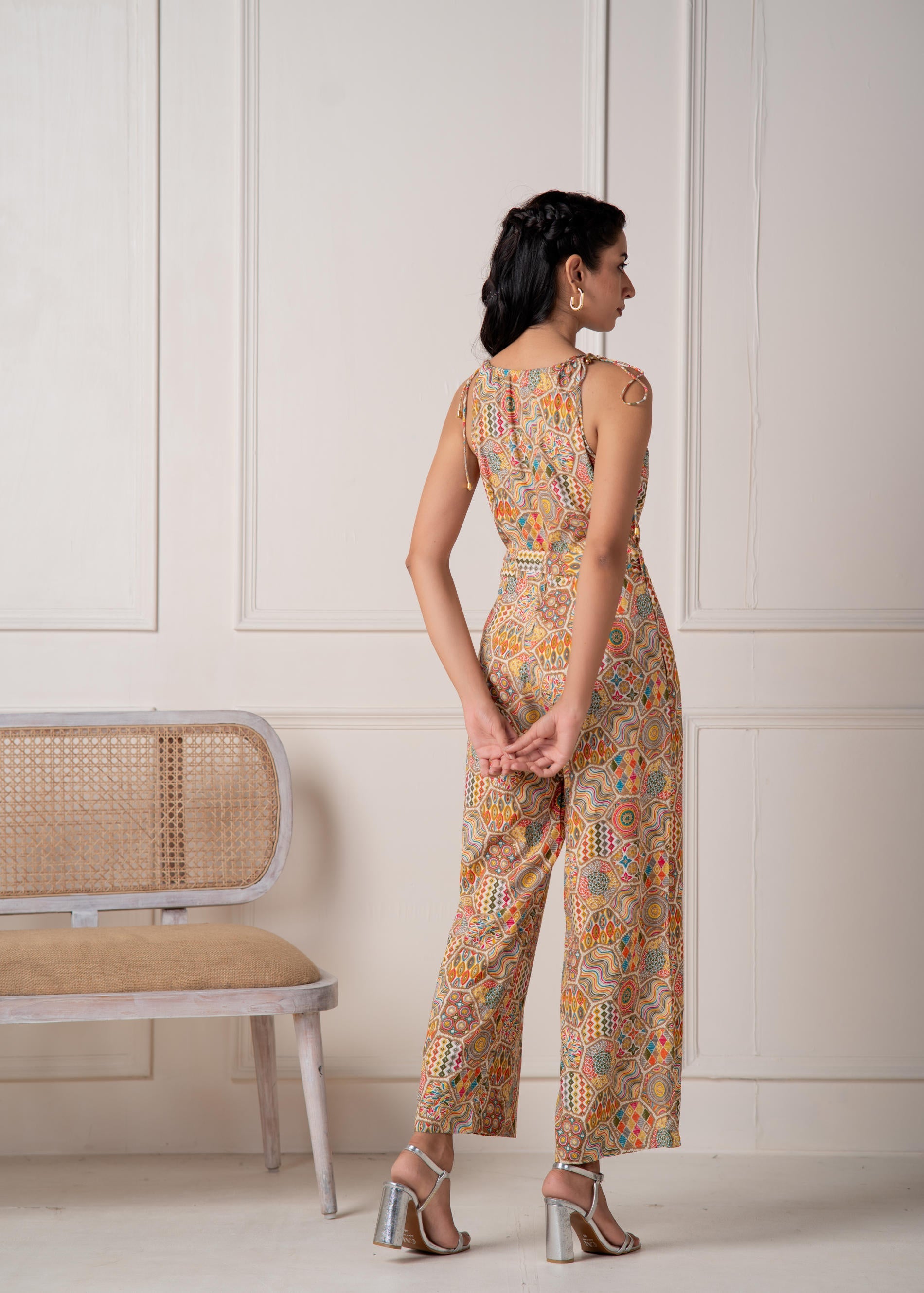 Multi Printed Abstract Viscose Jumpsuit with Belt