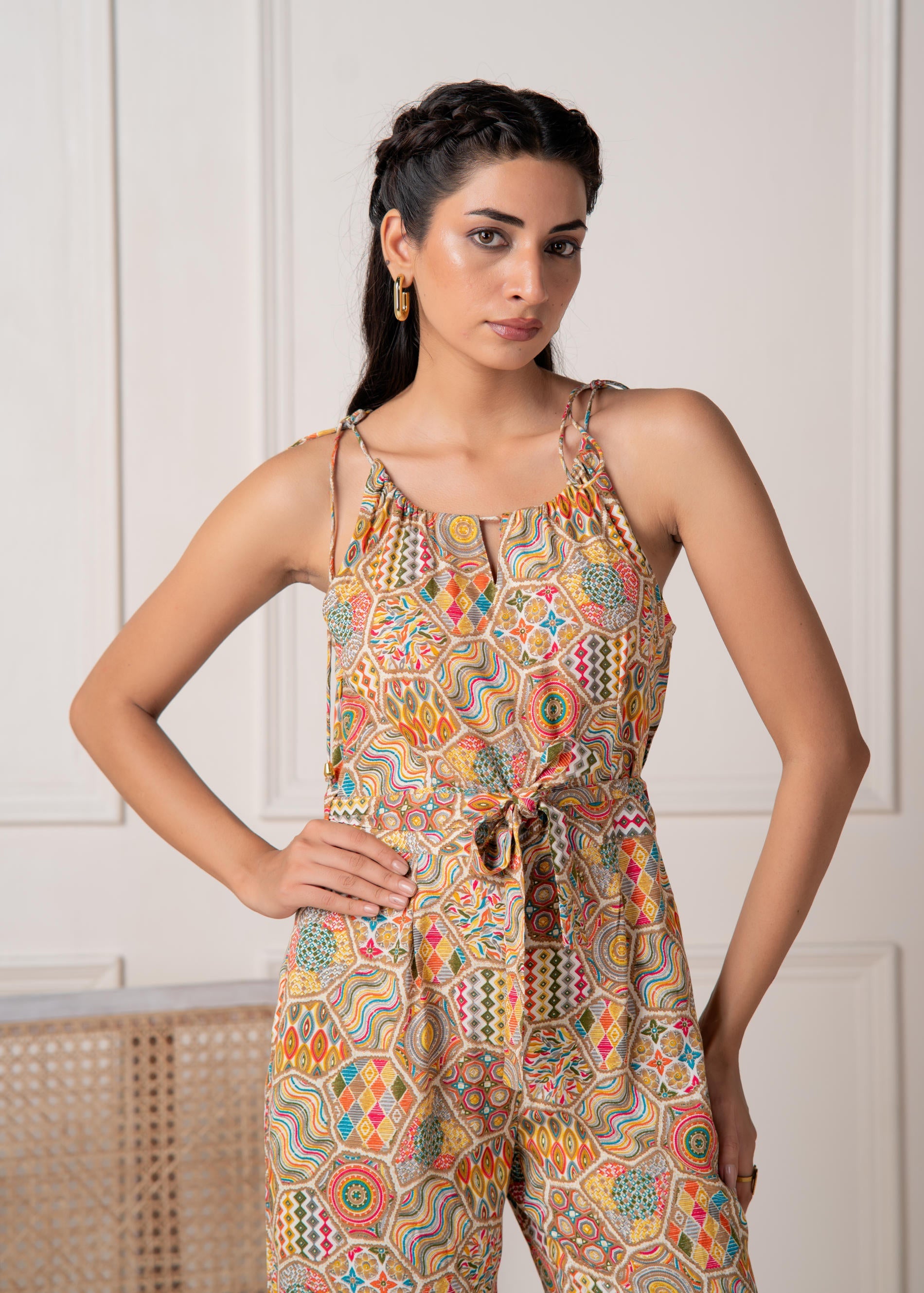 Multi Printed Abstract Viscose Jumpsuit with Belt