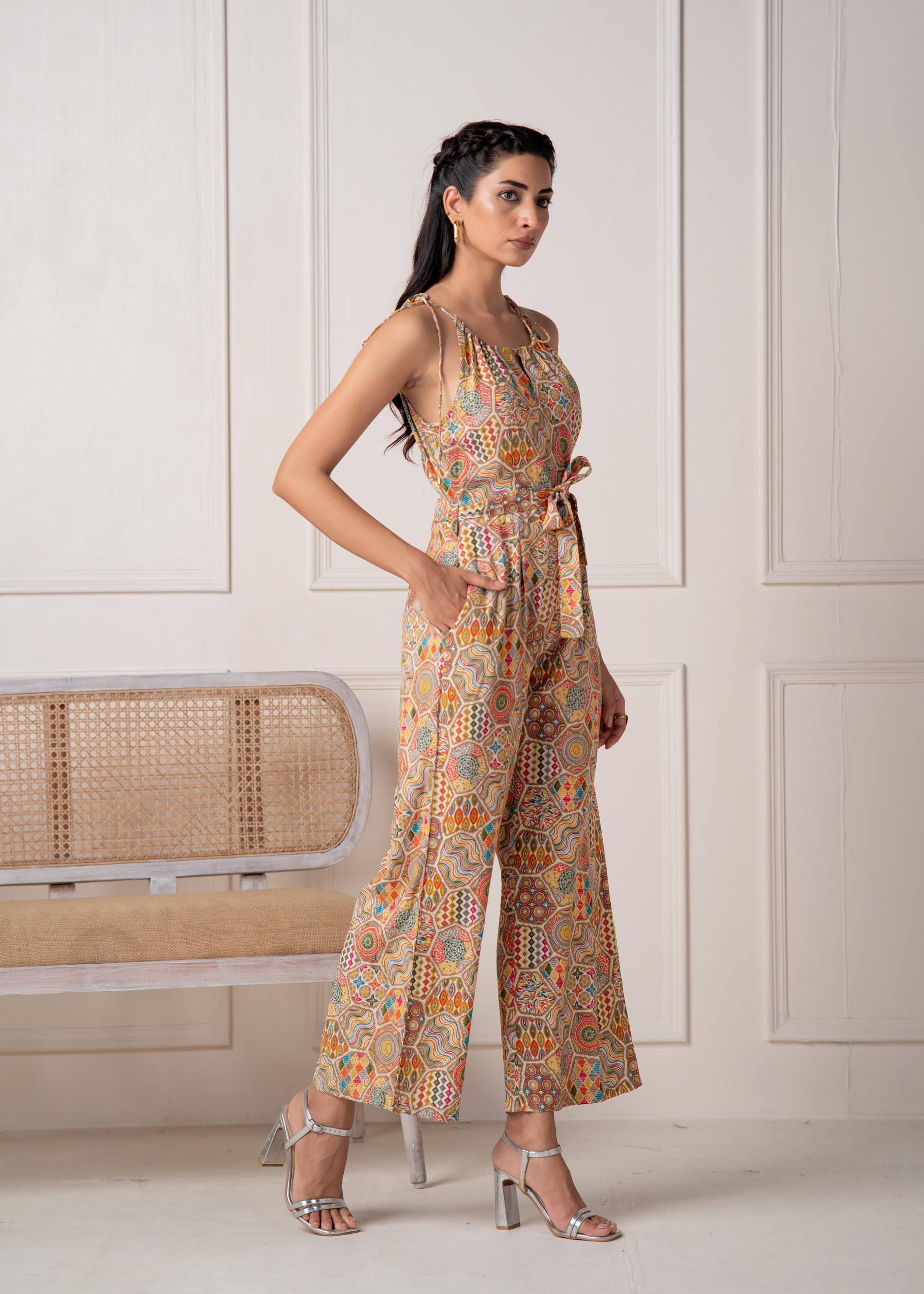 Multi Printed Abstract Viscose Jumpsuit with Belt