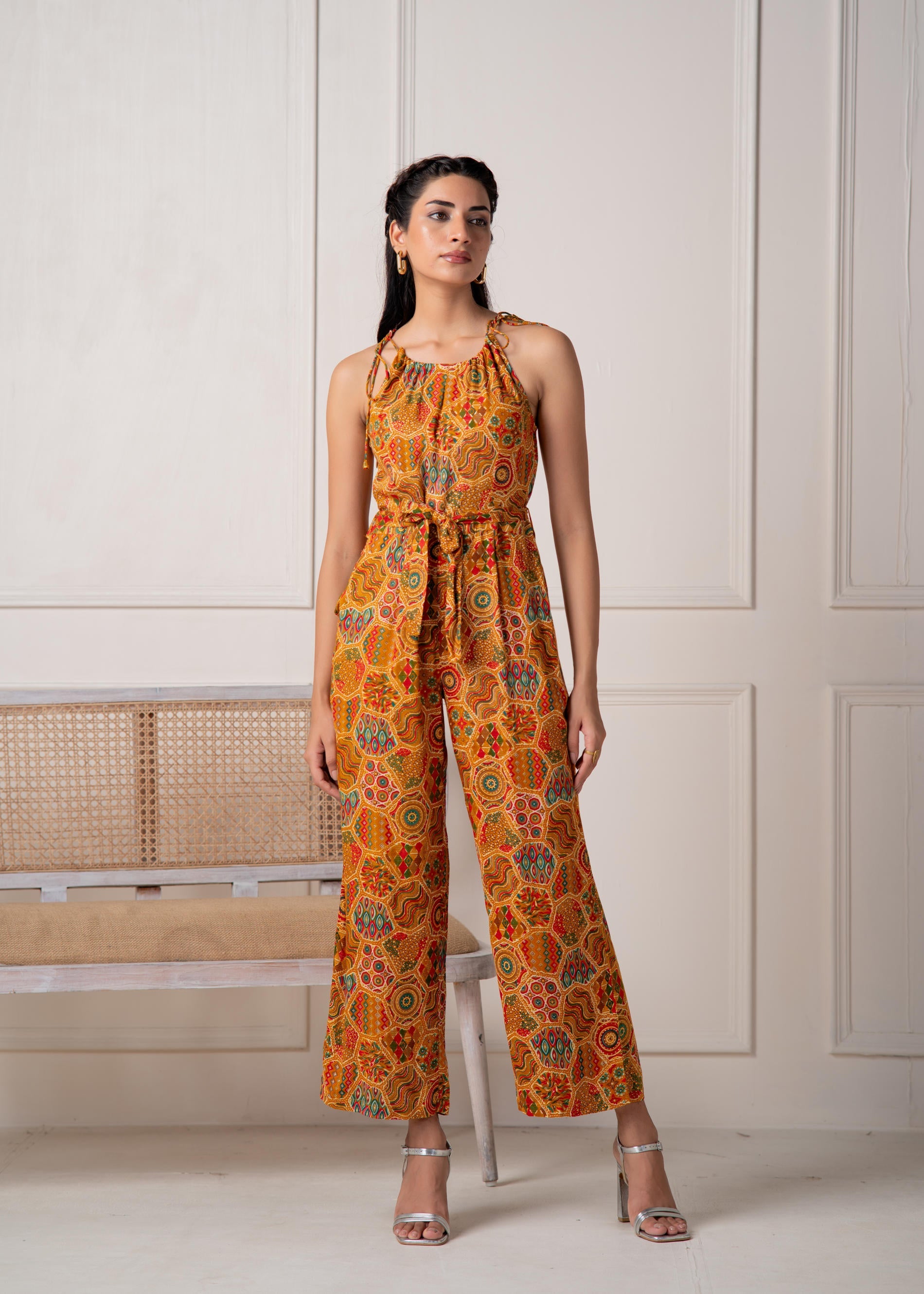 Mustard Printed Abstract Viscose Jumpsuit with Belt