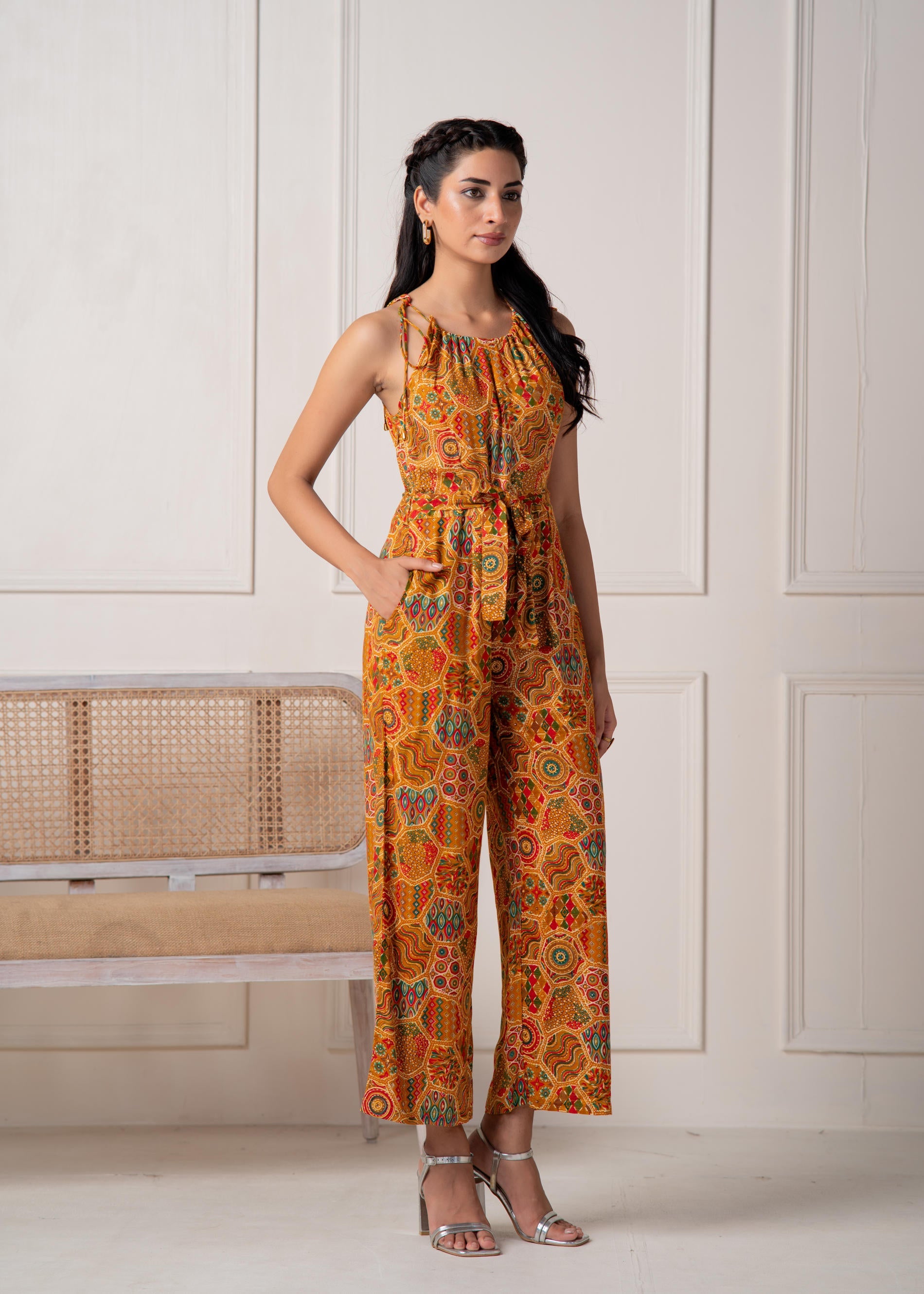 Mustard Printed Abstract Viscose Jumpsuit with Belt