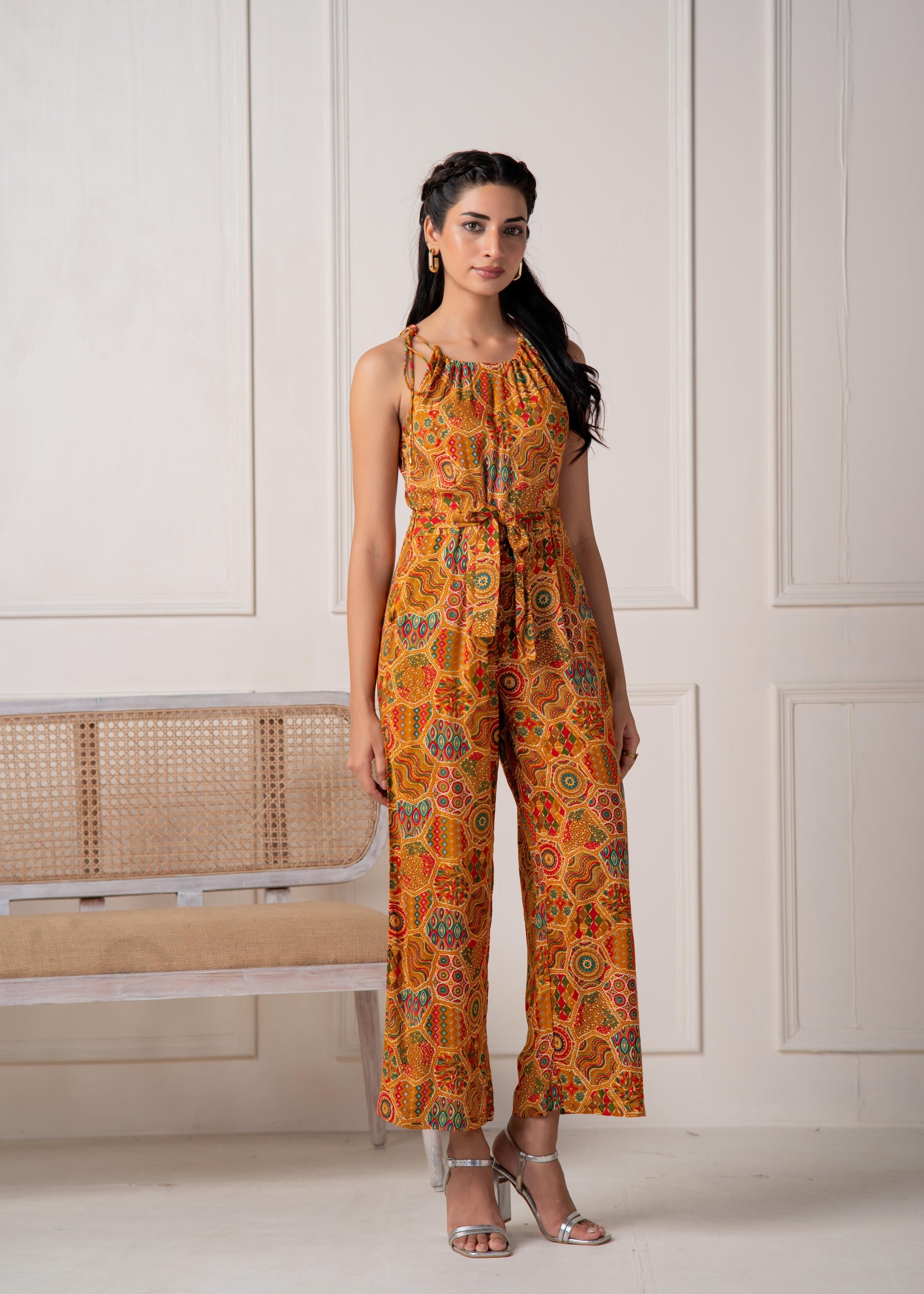 Mustard Printed Abstract Viscose Jumpsuit with Belt