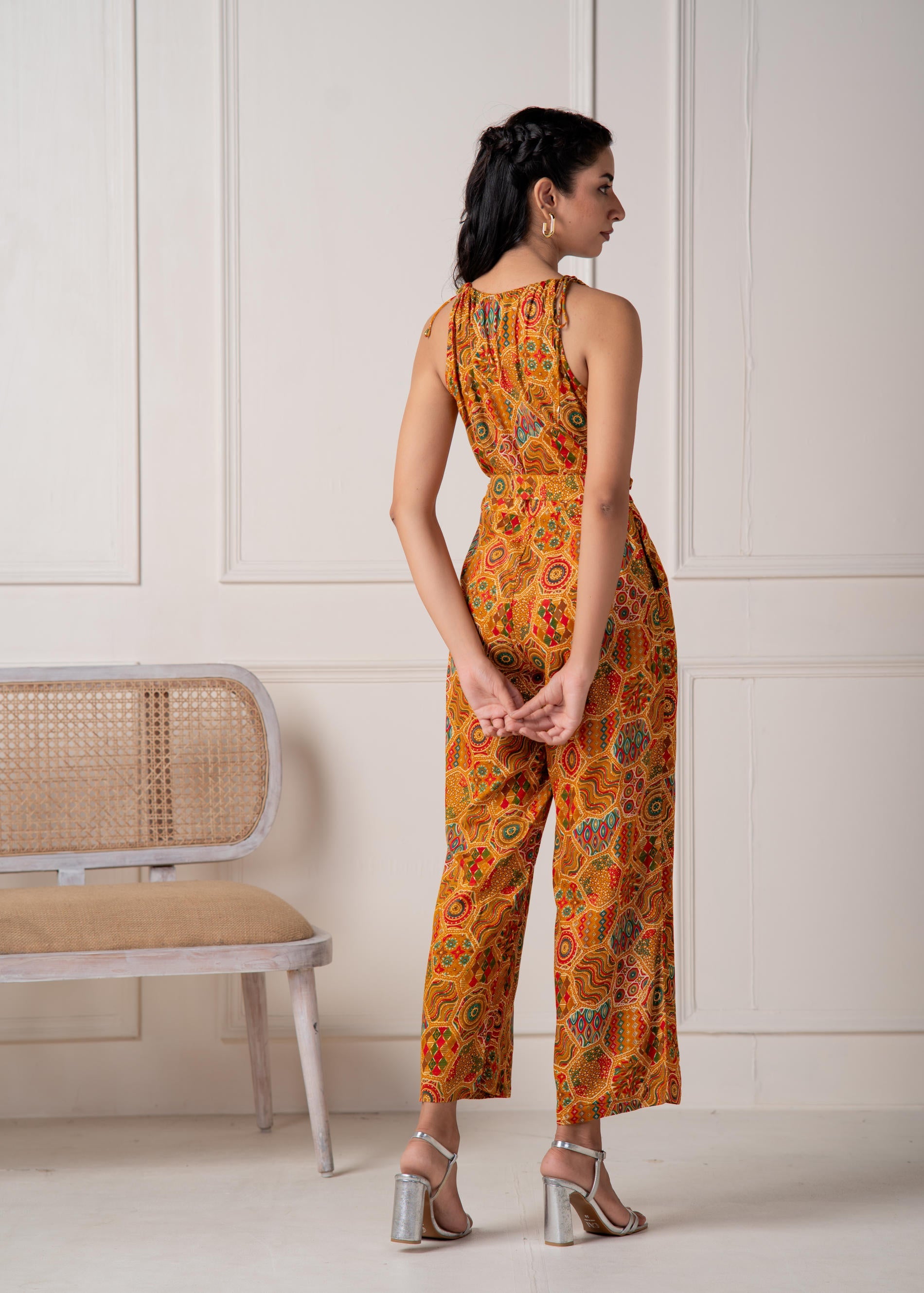 Mustard Printed Abstract Viscose Jumpsuit with Belt