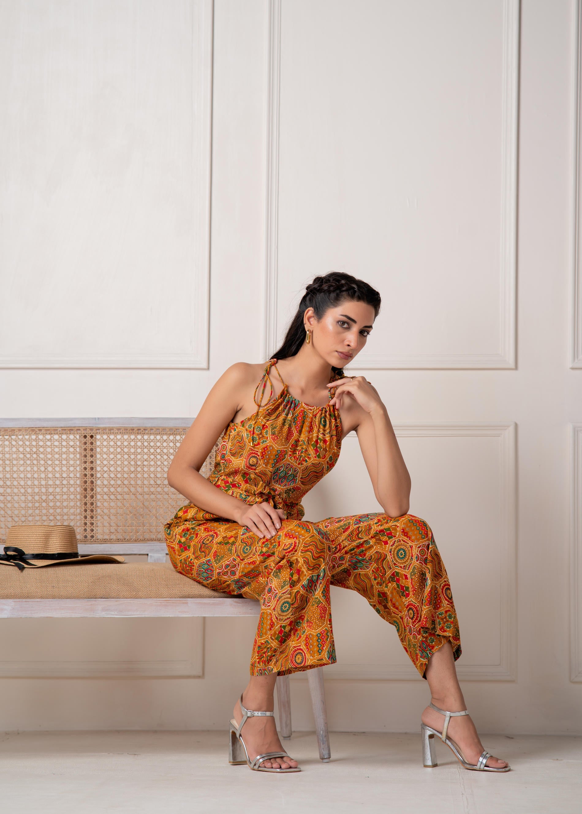 Mustard Printed Abstract Viscose Jumpsuit with Belt