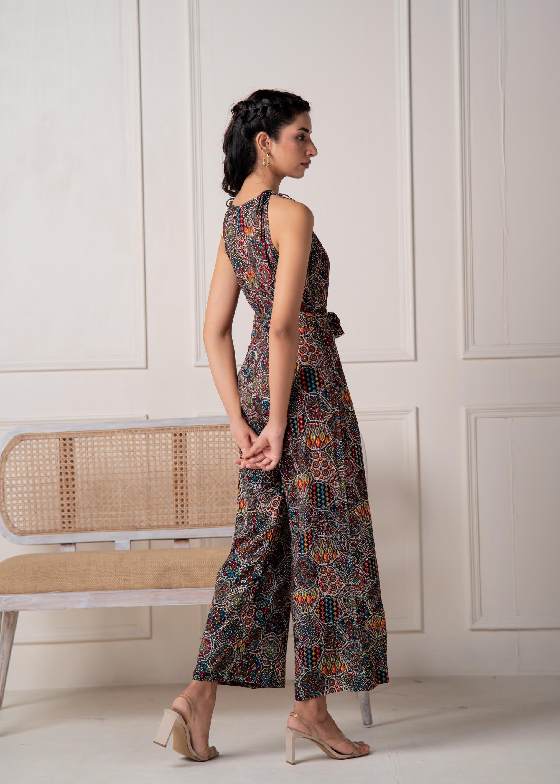 Navy Printed Abstract Viscose Jumpsuit with Belt