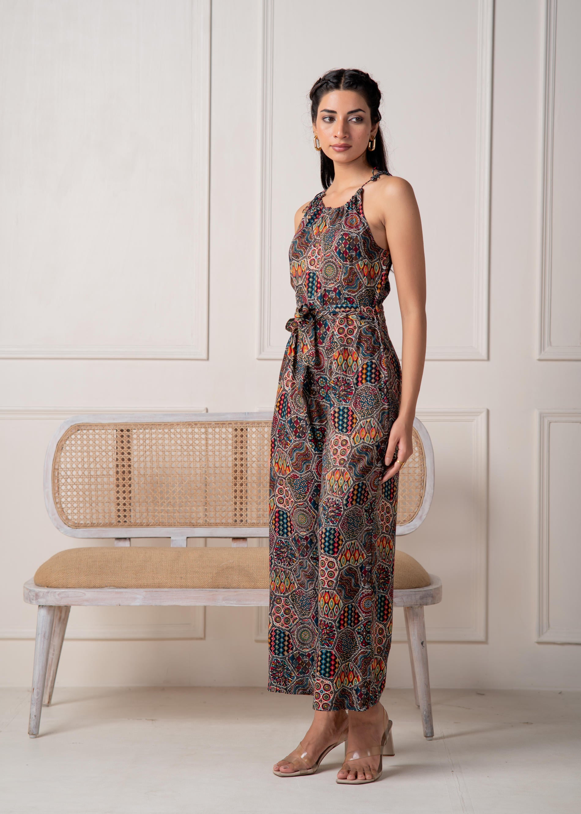 Navy Printed Abstract Viscose Jumpsuit with Belt