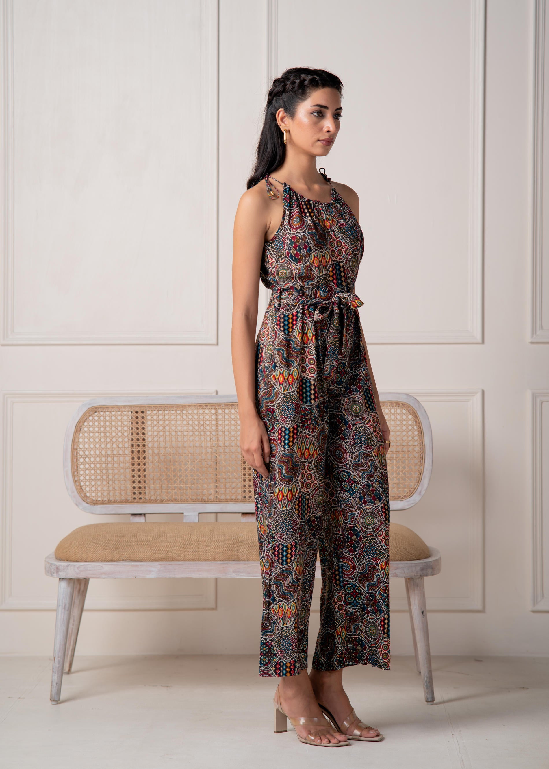 Navy Printed Abstract Viscose Jumpsuit with Belt
