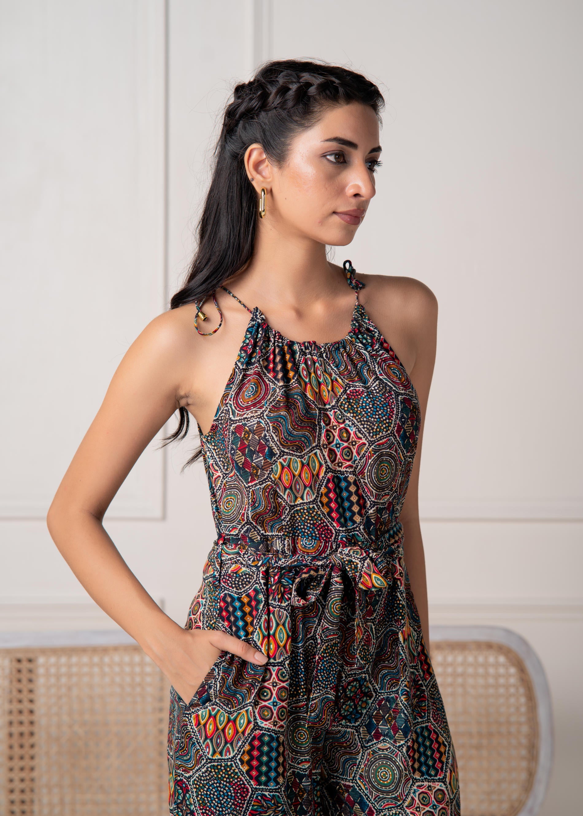 Navy Printed Abstract Viscose Jumpsuit with Belt