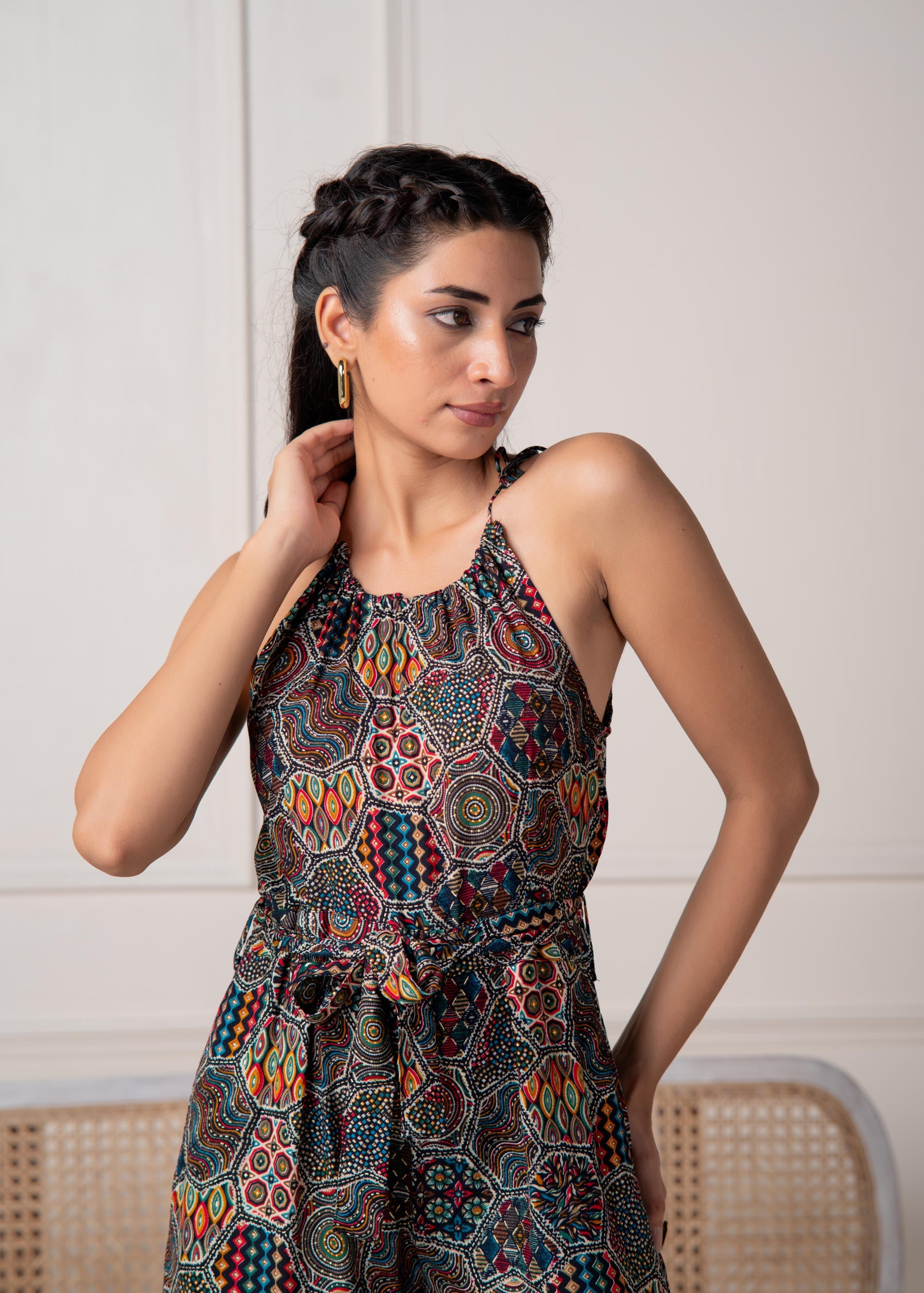 Navy Printed Abstract Viscose Jumpsuit with Belt