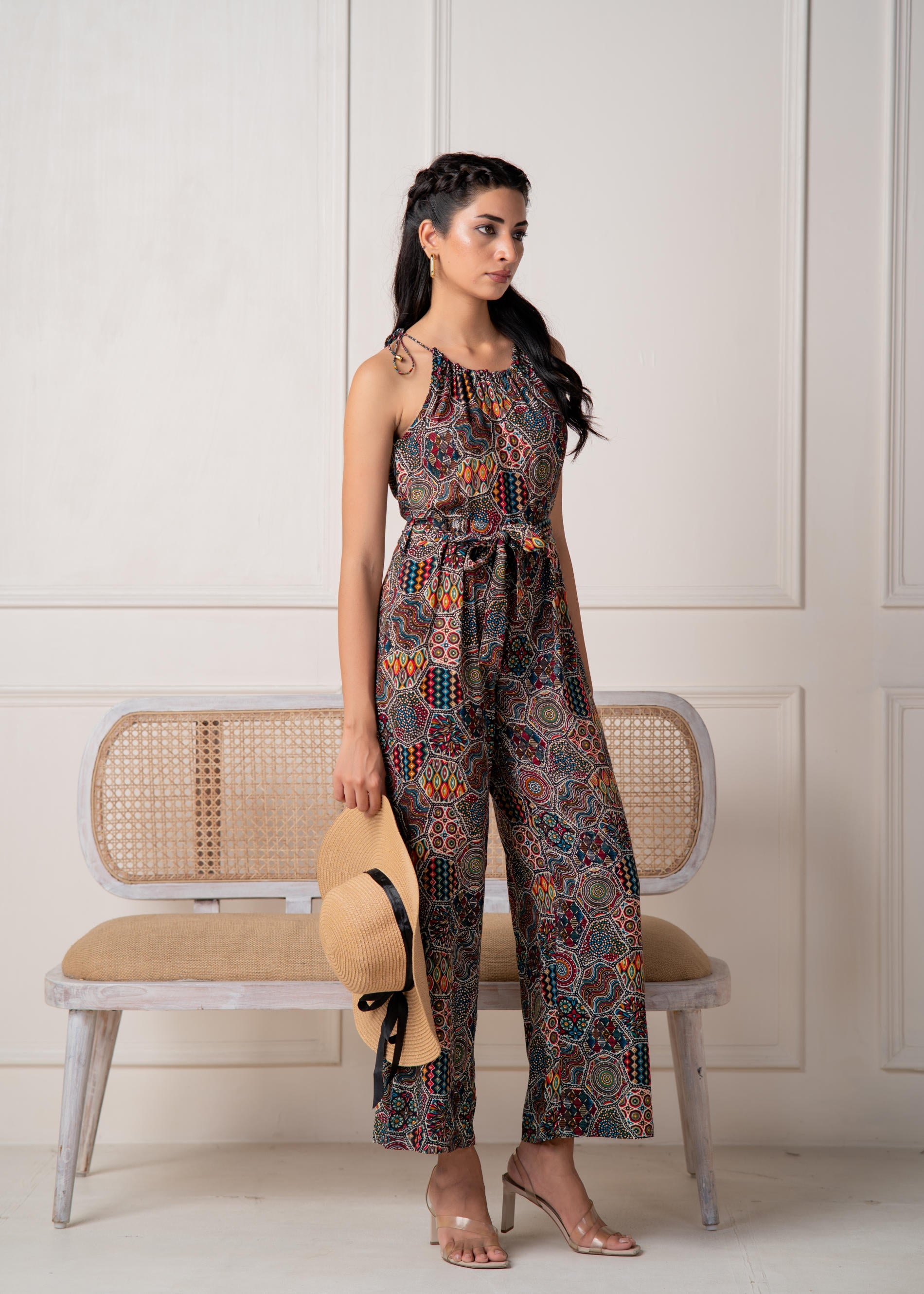 Navy Printed Abstract Viscose Jumpsuit with Belt