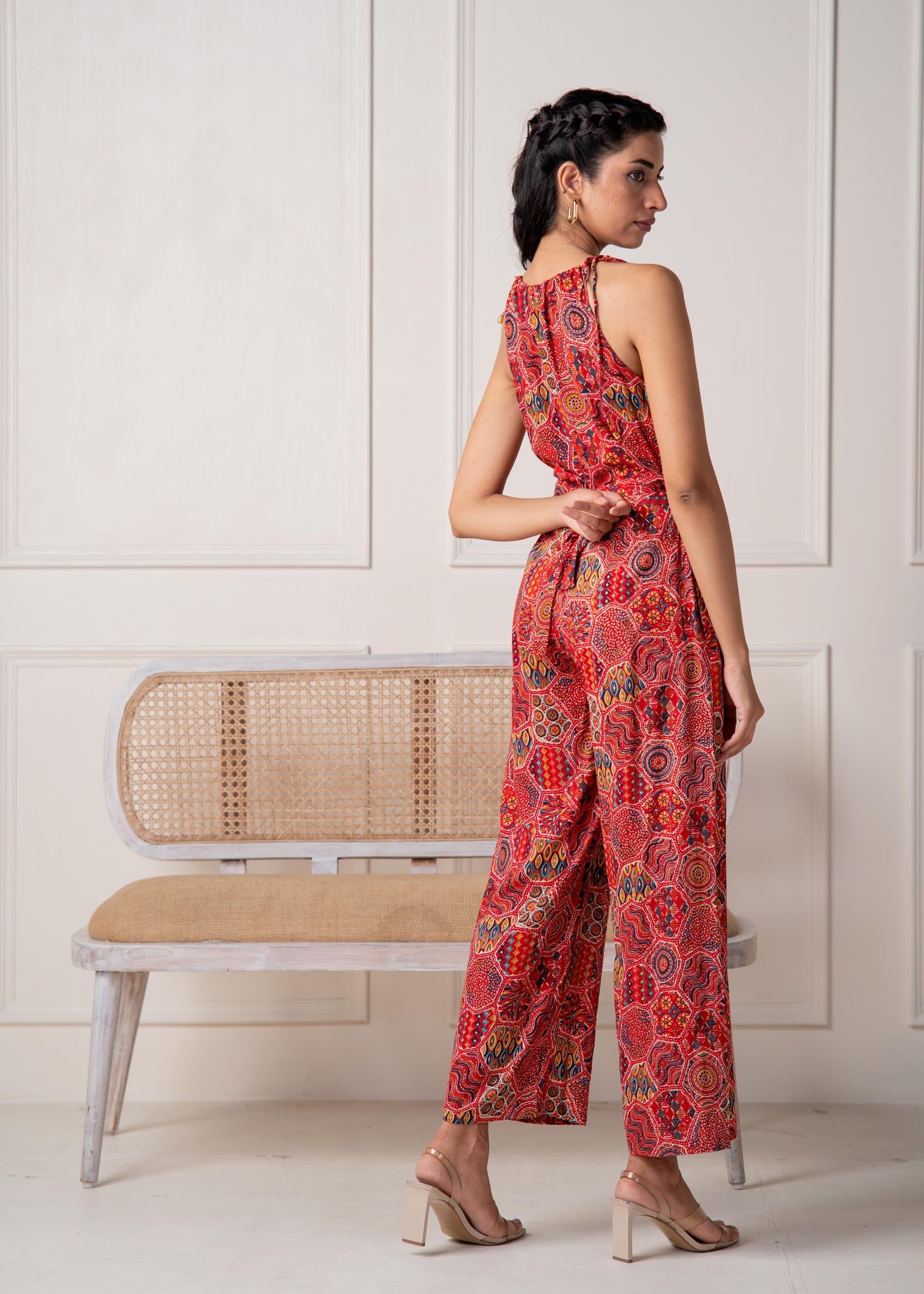 Rust Multi-Motif Bohemian Printed Sleeveless Jumpsuit