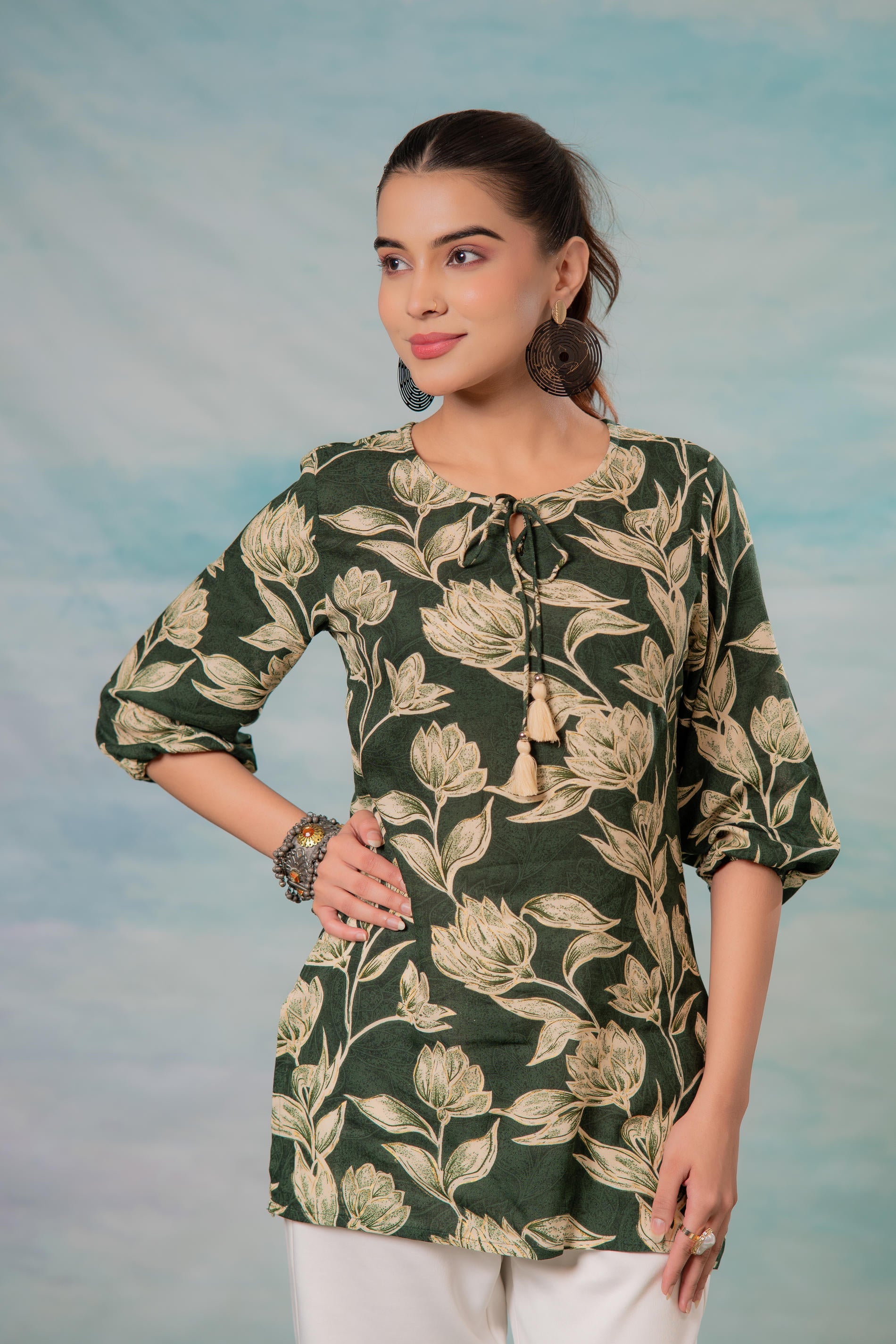 Green Floral Printed Viscose Tunic