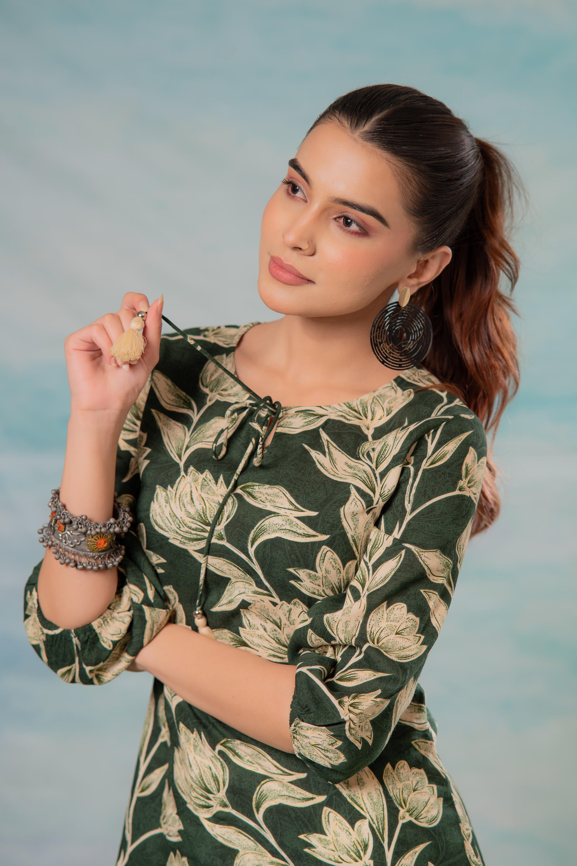 Green Floral Printed Viscose Tunic