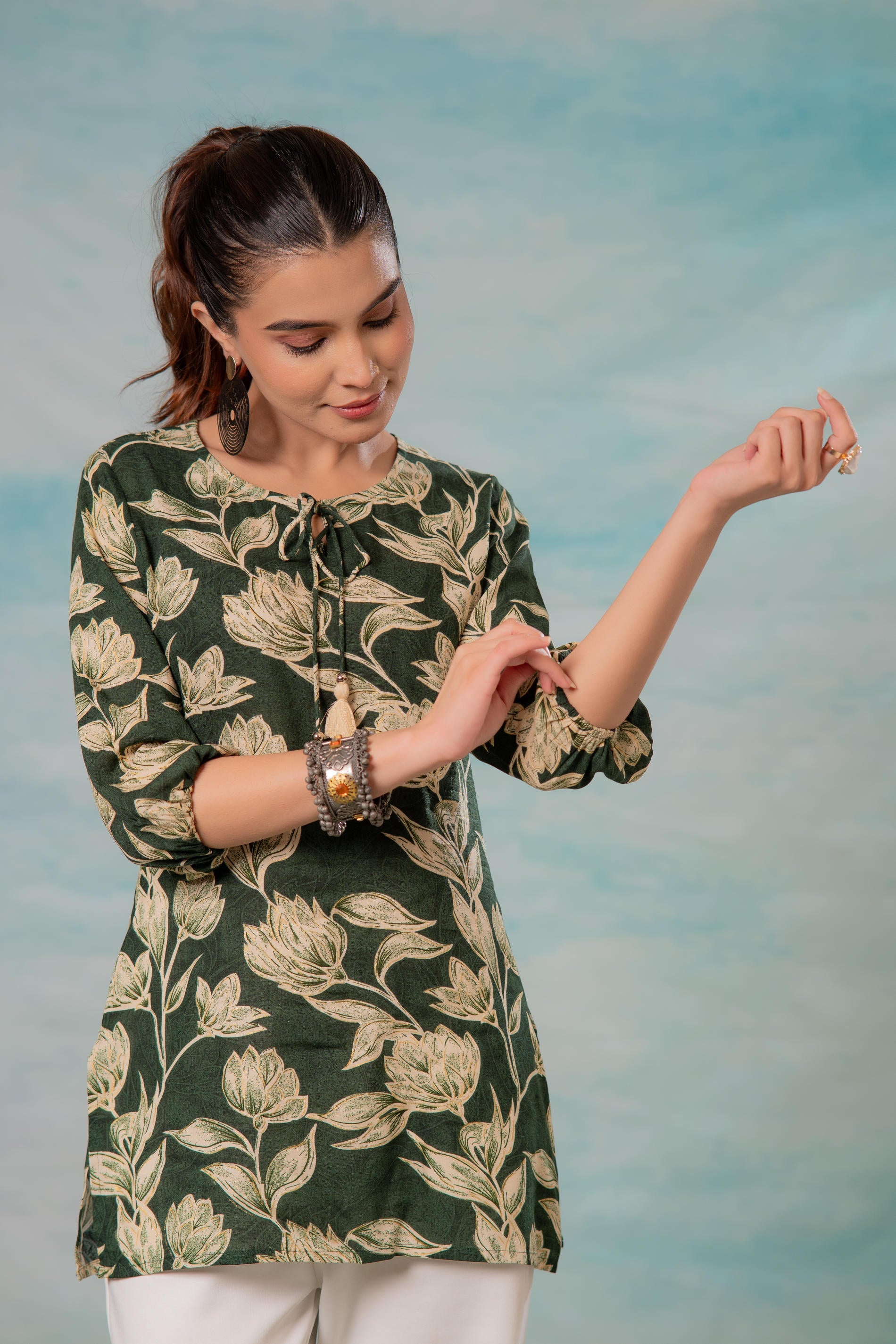 Green Floral Printed Viscose Tunic