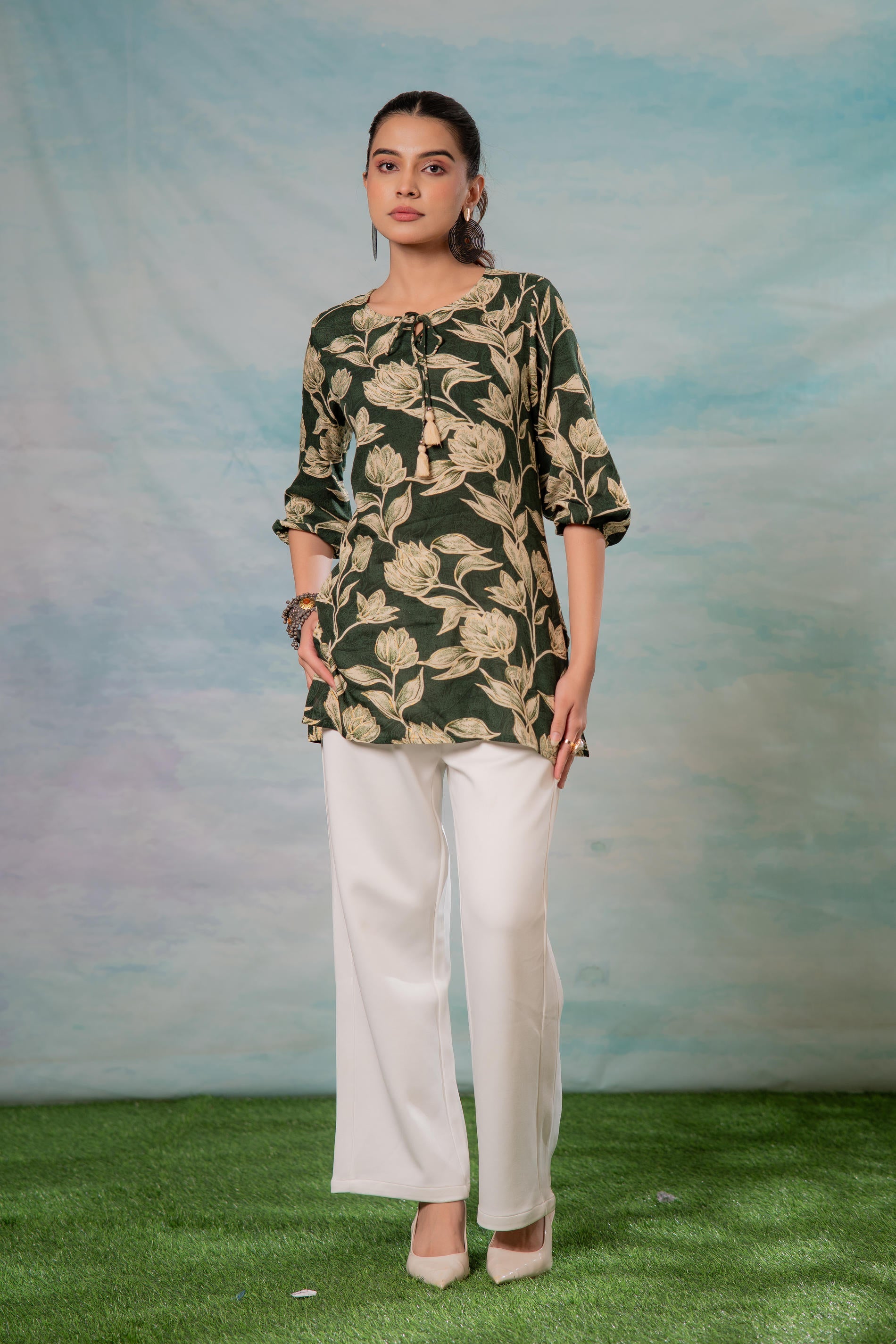 Green Floral Printed Viscose Tunic