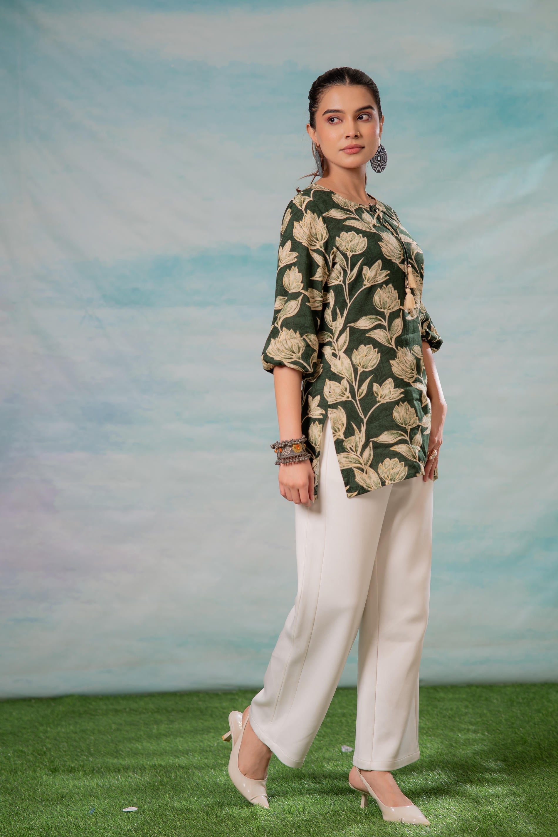 Green Floral Printed Viscose Tunic