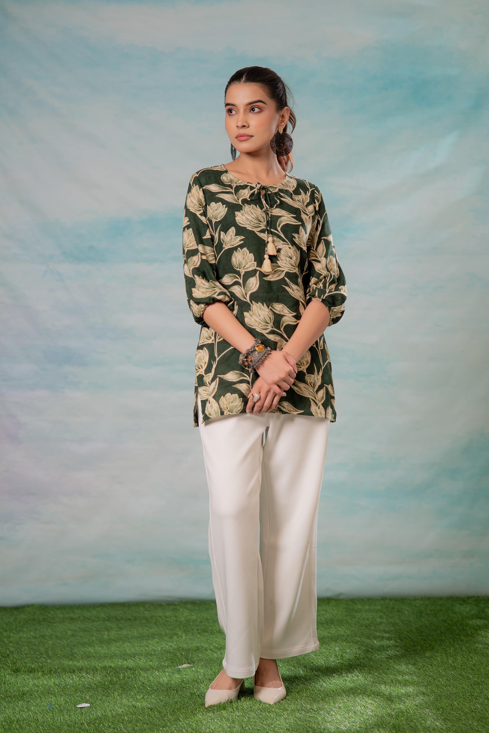 Green Floral Printed Viscose Tunic