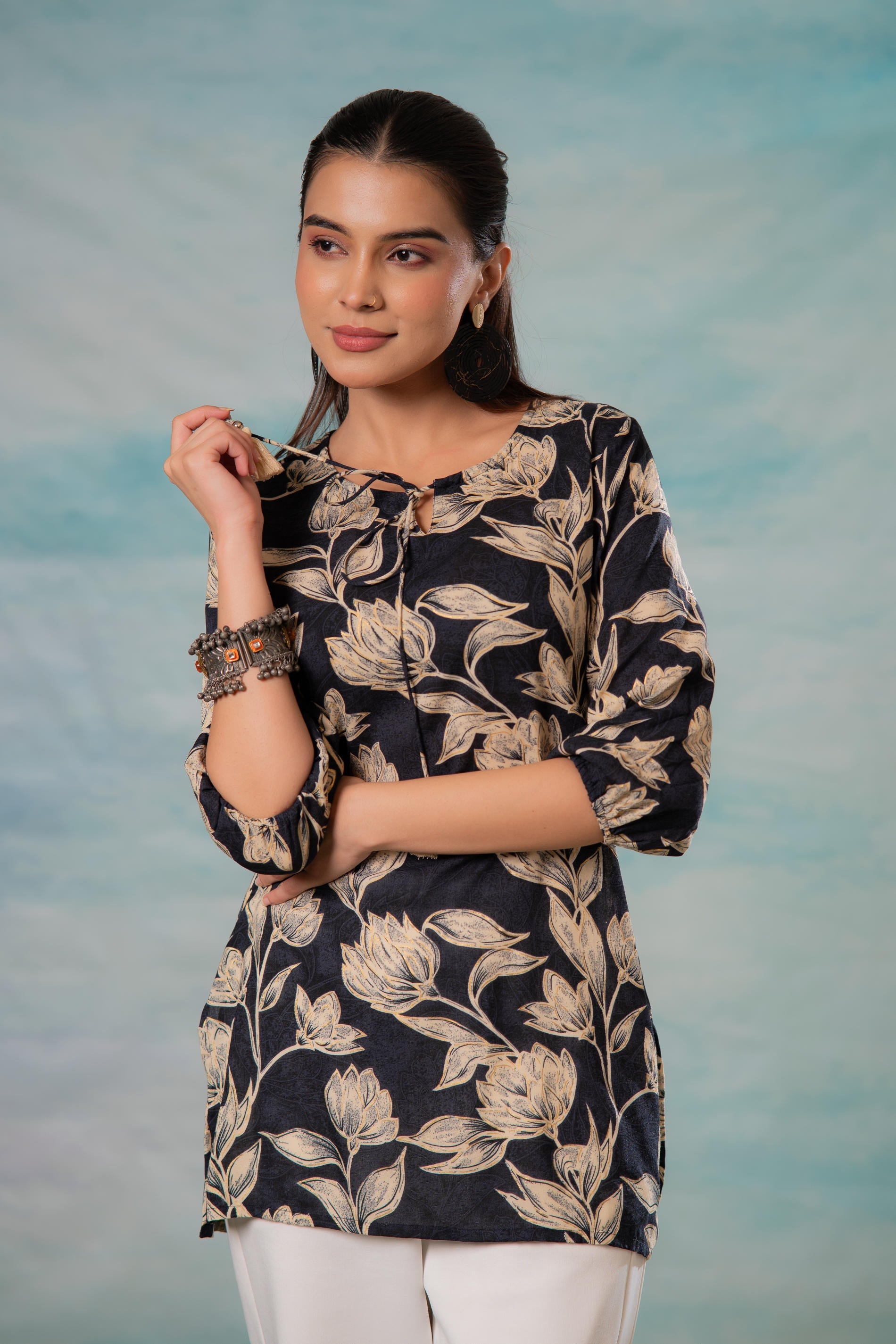 Grey Floral Printed Viscose Tunic