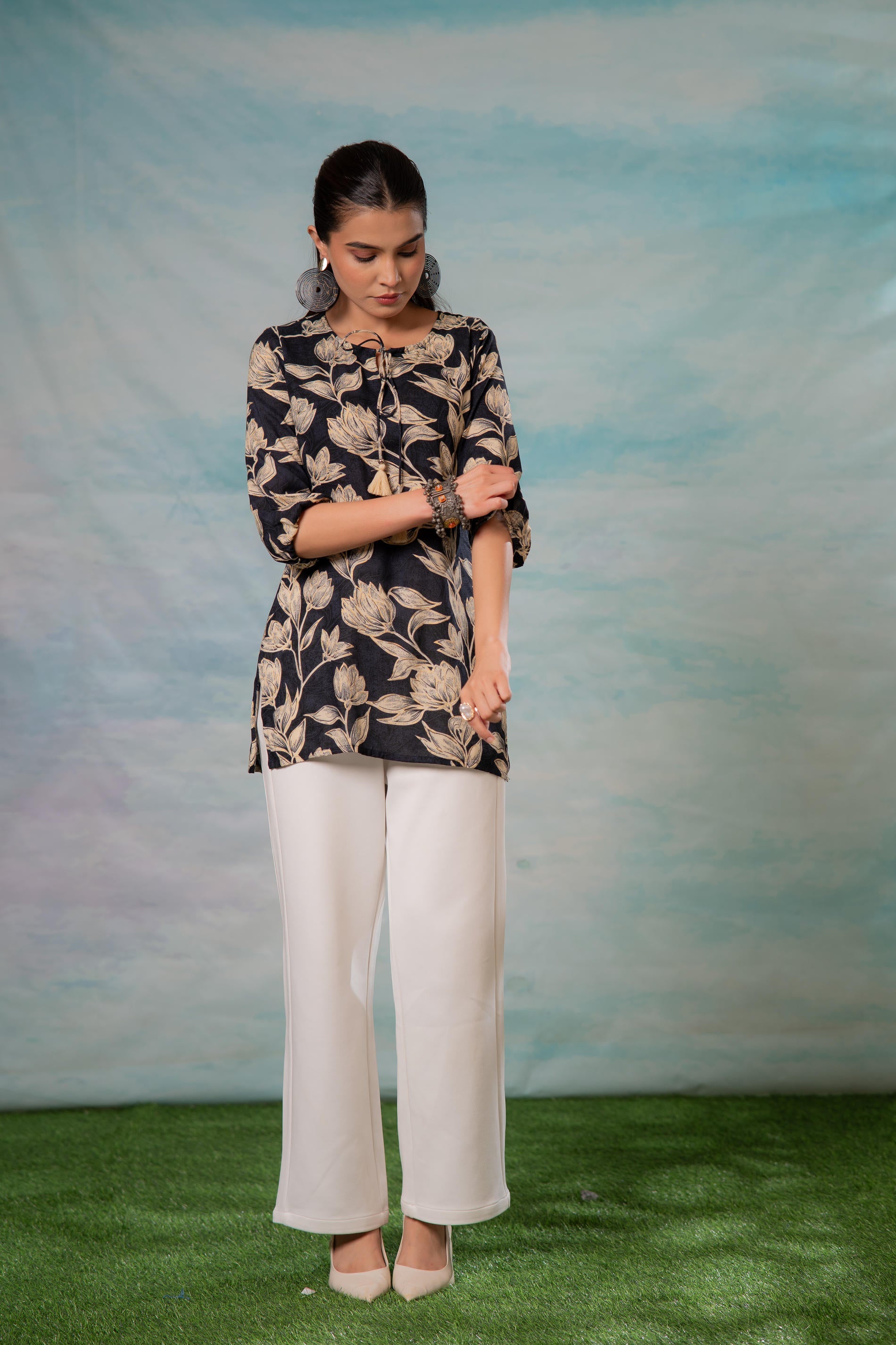 Grey Floral Printed Viscose Tunic