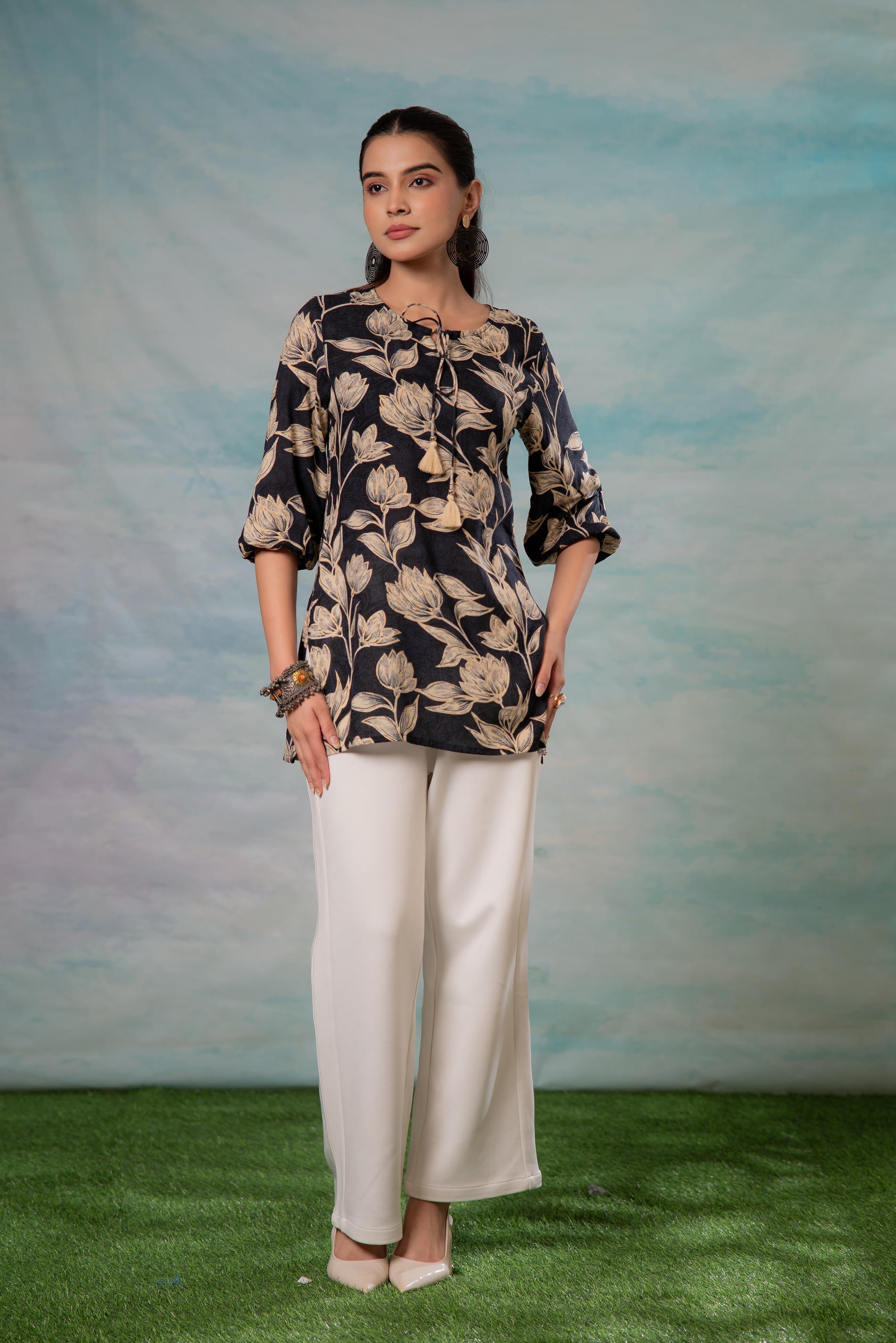 Grey Floral Printed Viscose Tunic