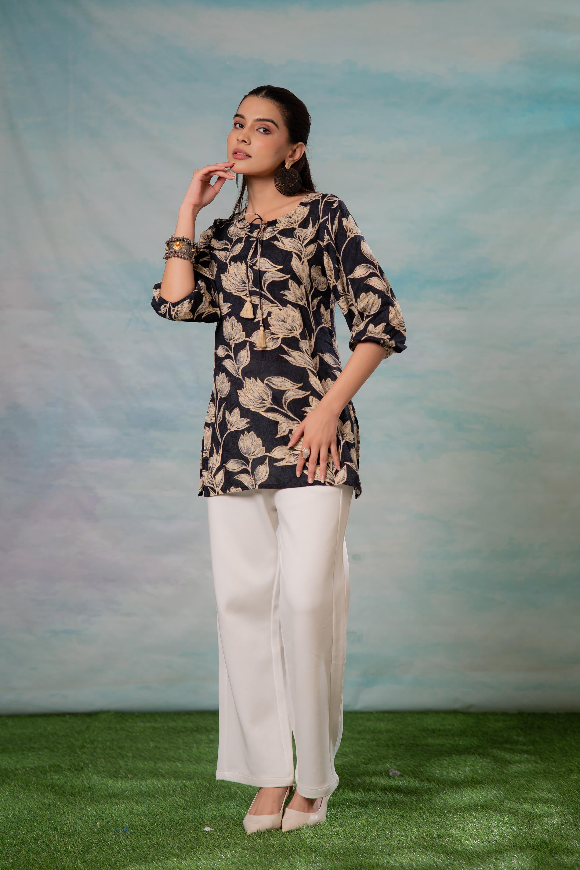 Grey Floral Printed Viscose Tunic