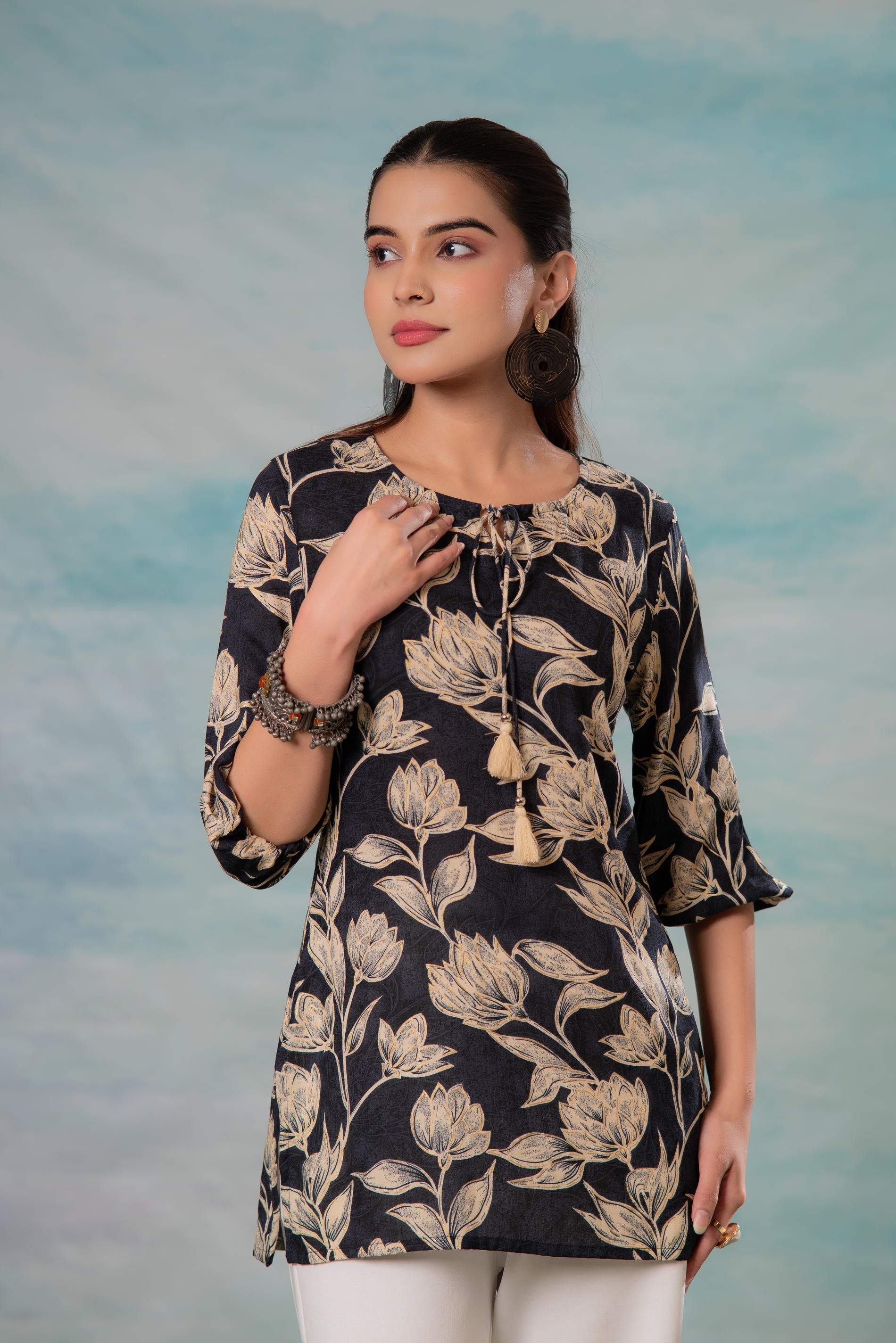 Grey Floral Printed Viscose Tunic