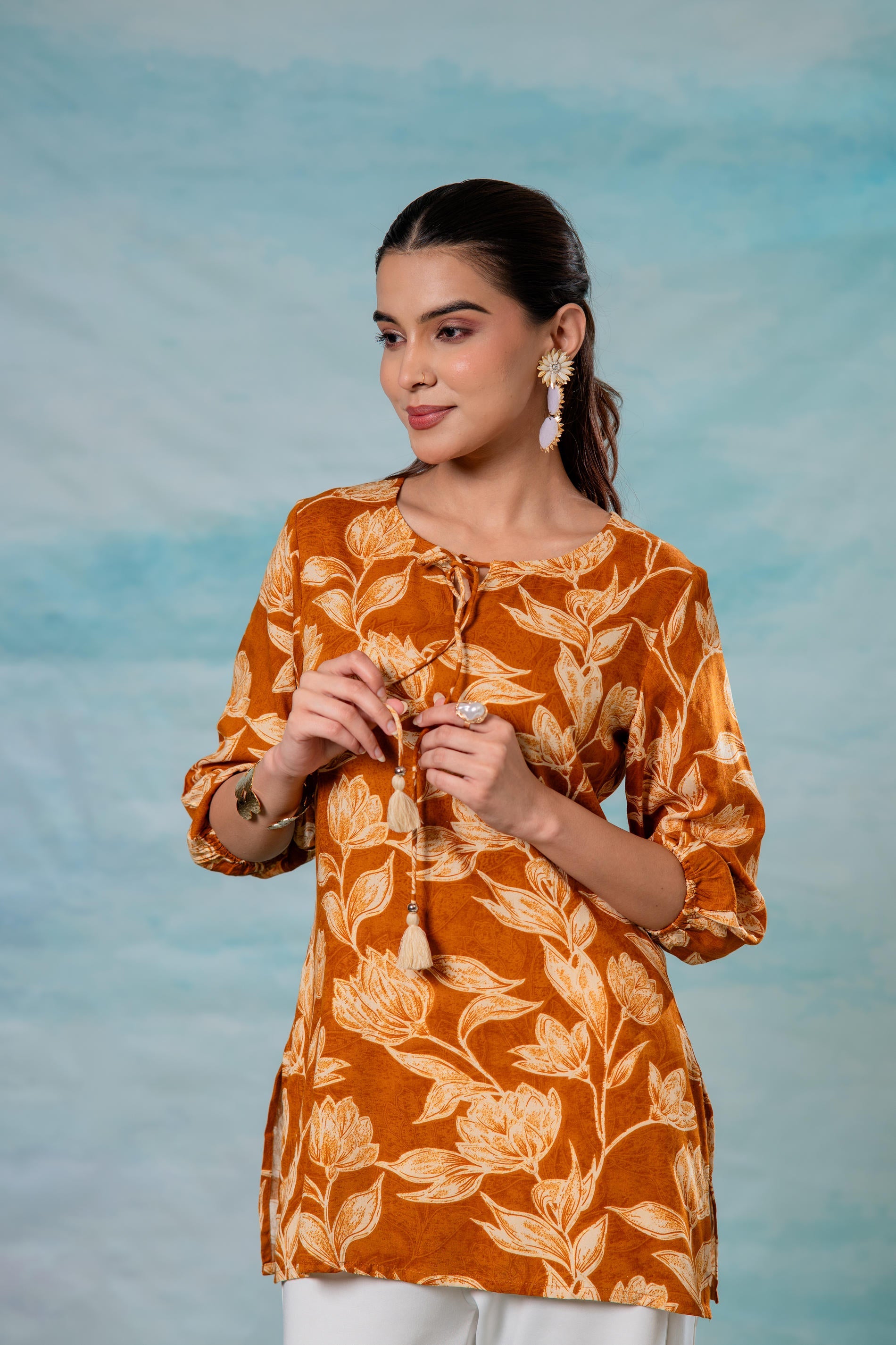 Mustard Floral Printed Viscose Tunic
