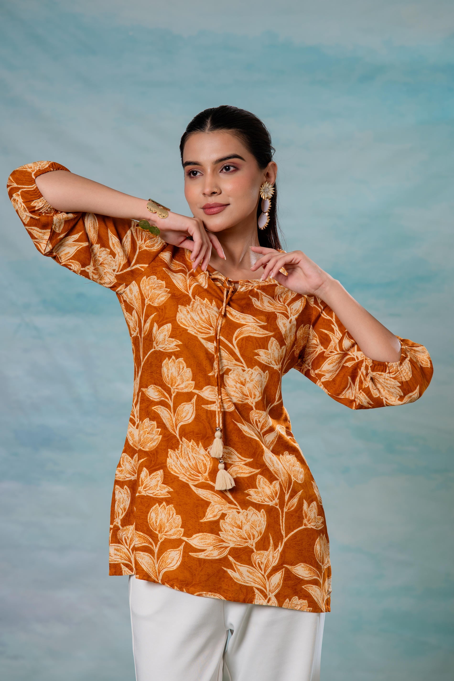 Mustard Floral Printed Viscose Tunic