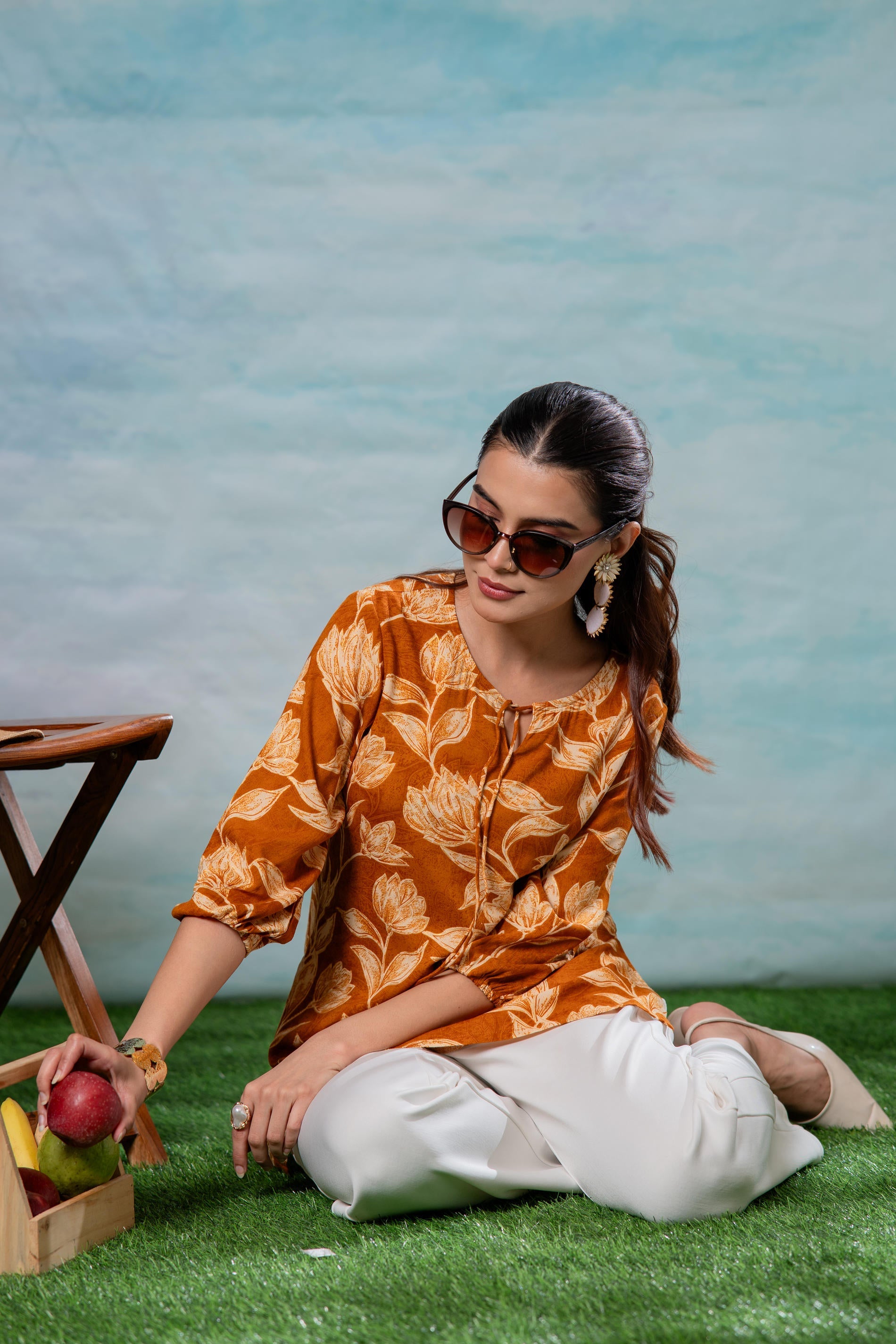 Mustard Floral Printed Viscose Tunic